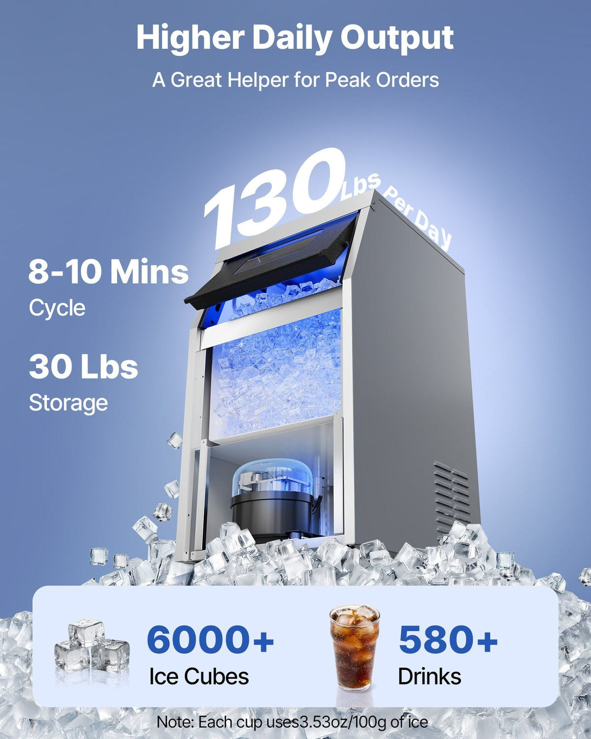 Commercial Ice Maker Machine with Pump, 130 lbs/24h with 30 lbs Storage Capacity, Built-in/Freestanding/Under Counter, Stainless Steel Ice Maker with LED Display & Self-Cleaning, for Home Bar