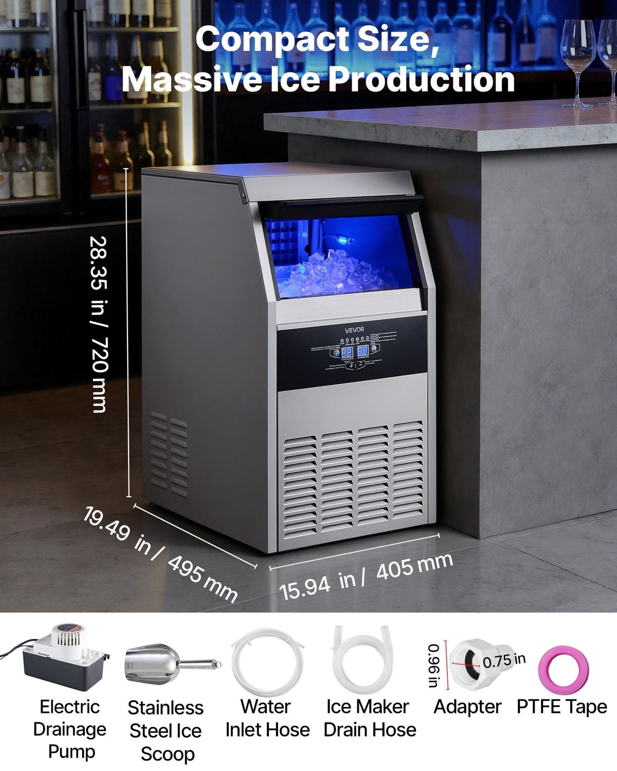 Commercial Ice Maker Machine with Pump, 130 lbs/24h with 30 lbs Storage Capacity, Built-in/Freestanding/Under Counter, Stainless Steel Ice Maker with LED Display & Self-Cleaning, for Home Bar