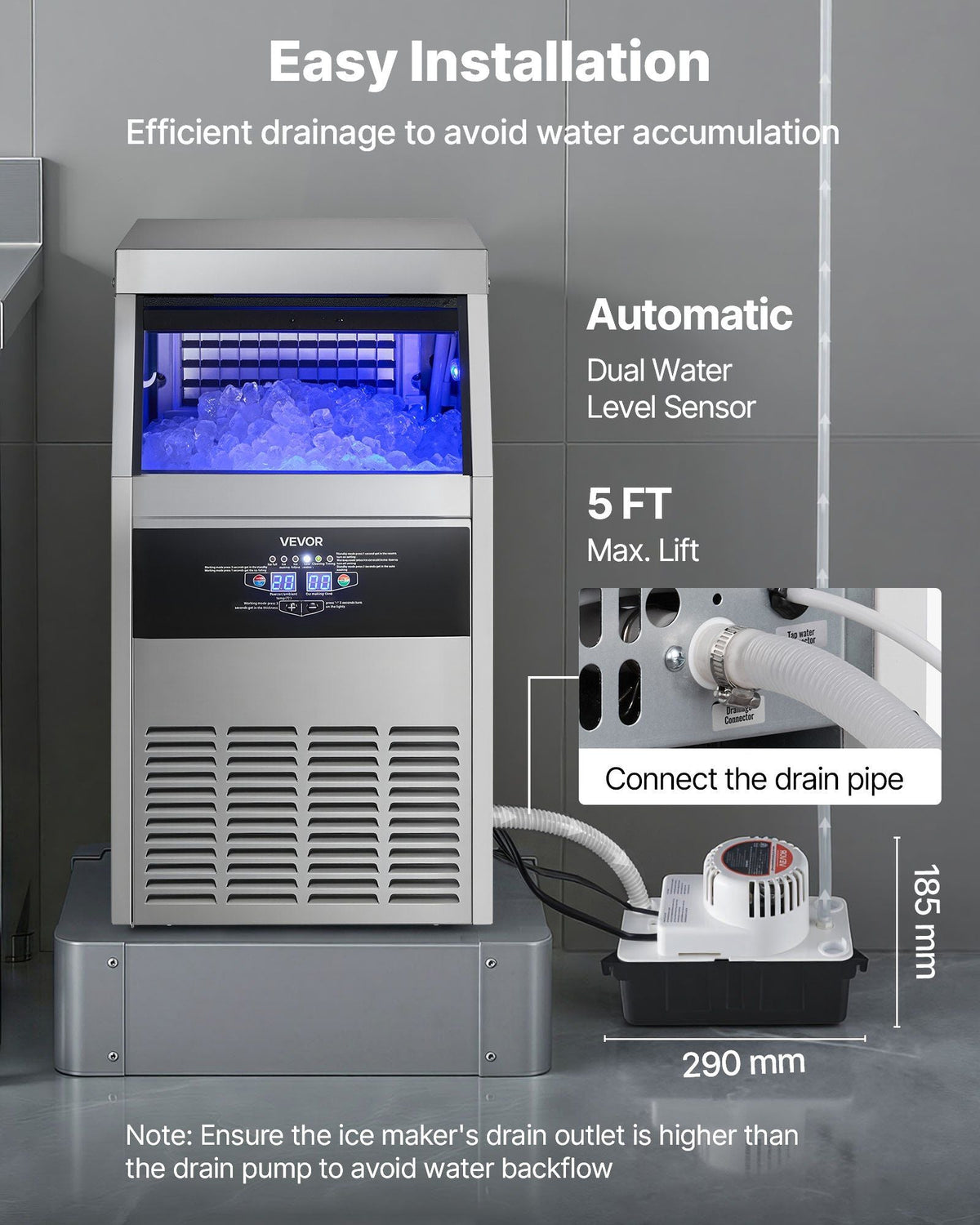 Commercial Ice Maker Machine with Pump, 130 lbs/24h with 30 lbs Storage Capacity, Built-in/Freestanding/Under Counter, Stainless Steel Ice Maker with LED Display & Self-Cleaning, for Home Bar