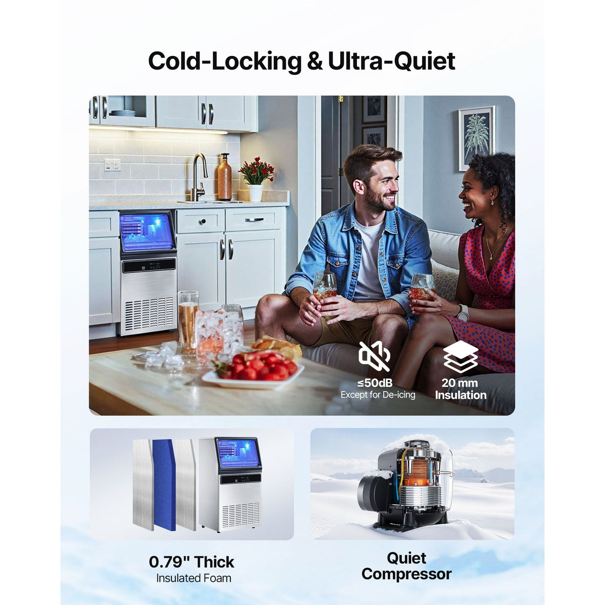Commercial Ice Maker Machine with Pump, 130Lbs/24H with 33Lbs Storage, 45 Cubes per Cycle, Freestanding & Under Counter Ice Maker with LED Display & Self-Cleaning, for Home Bar Restaurant