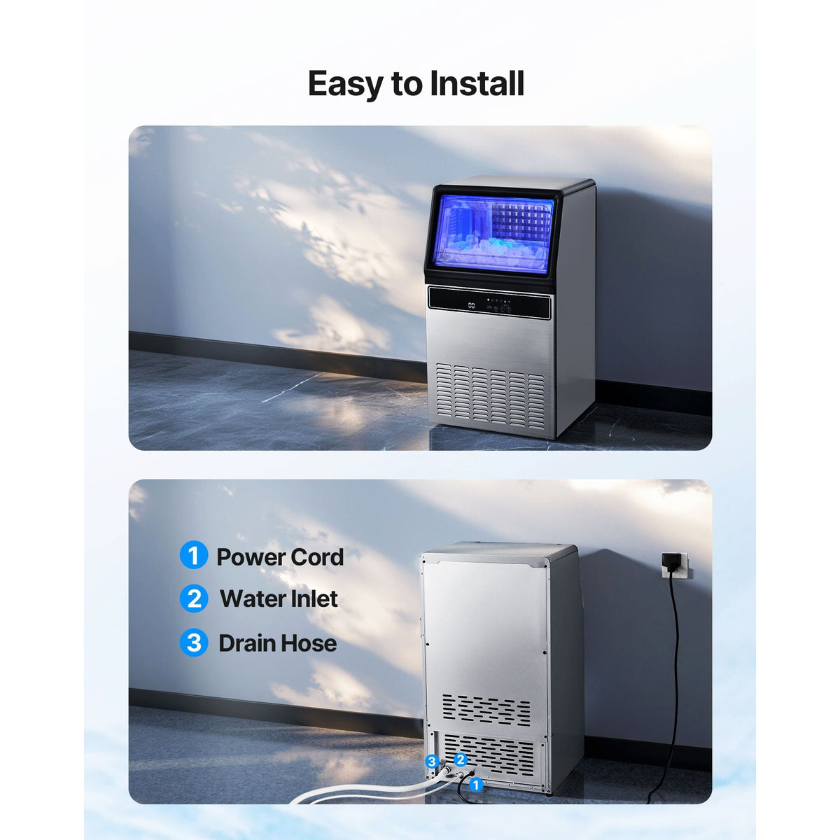 Commercial Ice Maker Machine with Pump, 130Lbs/24H with 33Lbs Storage, 45 Cubes per Cycle, Freestanding & Under Counter Ice Maker with LED Display & Self-Cleaning, for Home Bar Restaurant