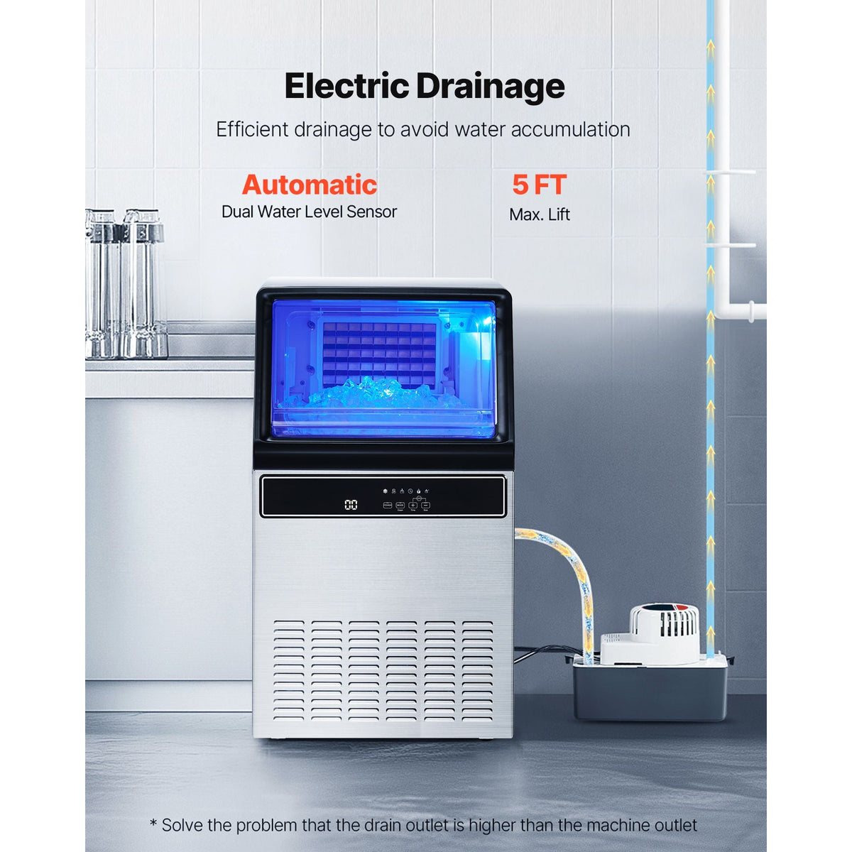 Commercial Ice Maker Machine with Pump, 130Lbs/24H with 33Lbs Storage, 45 Cubes per Cycle, Freestanding & Under Counter Ice Maker with LED Display & Self-Cleaning, for Home Bar Restaurant