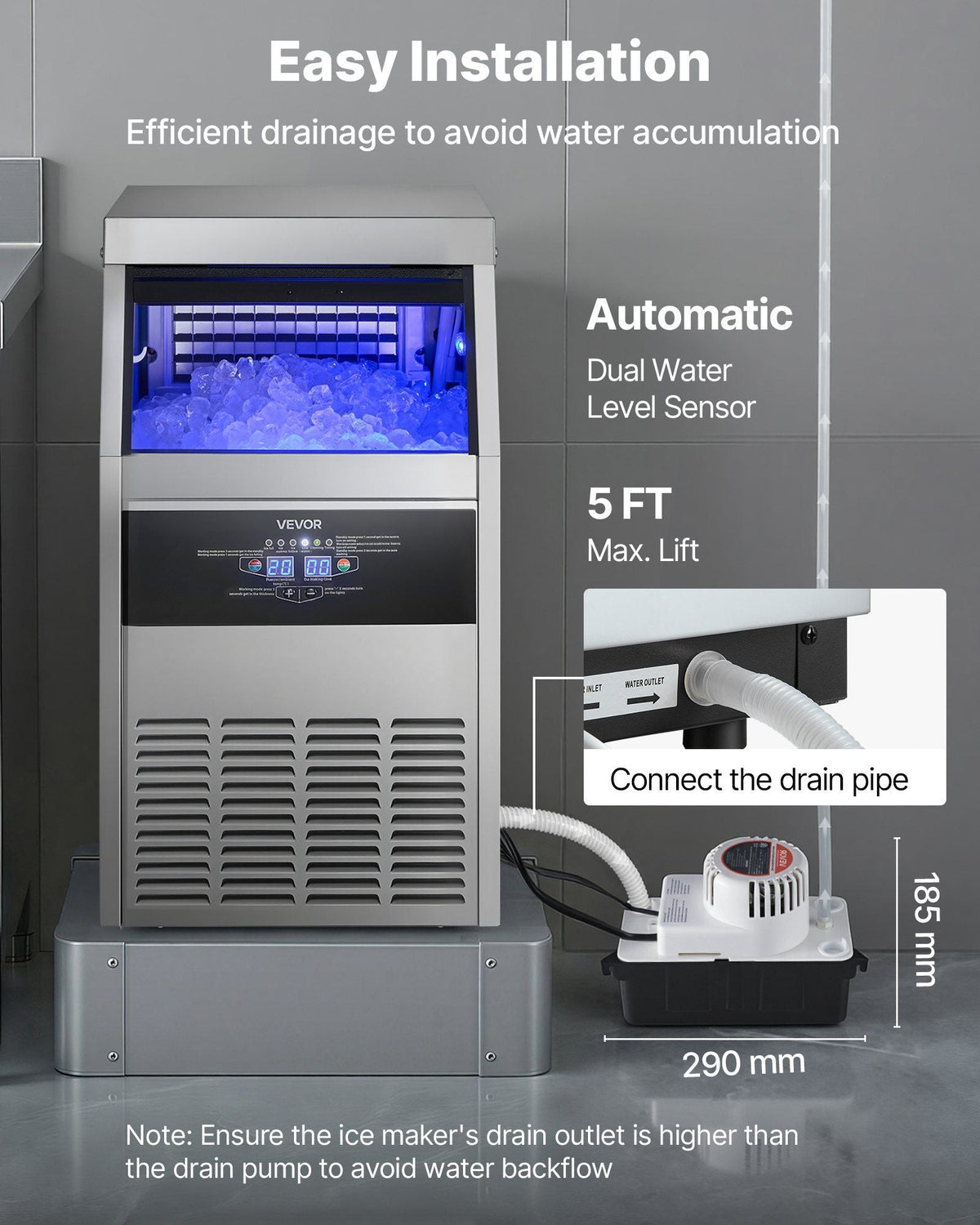 Commercial Ice Maker Machine with Pump, 160 lbs/24h with 30 lbs Storage Capacity, Built-in/Freestanding/Under Counter, Stainless Steel Ice Maker with LED Display & Self-Cleaning, for Home Bar