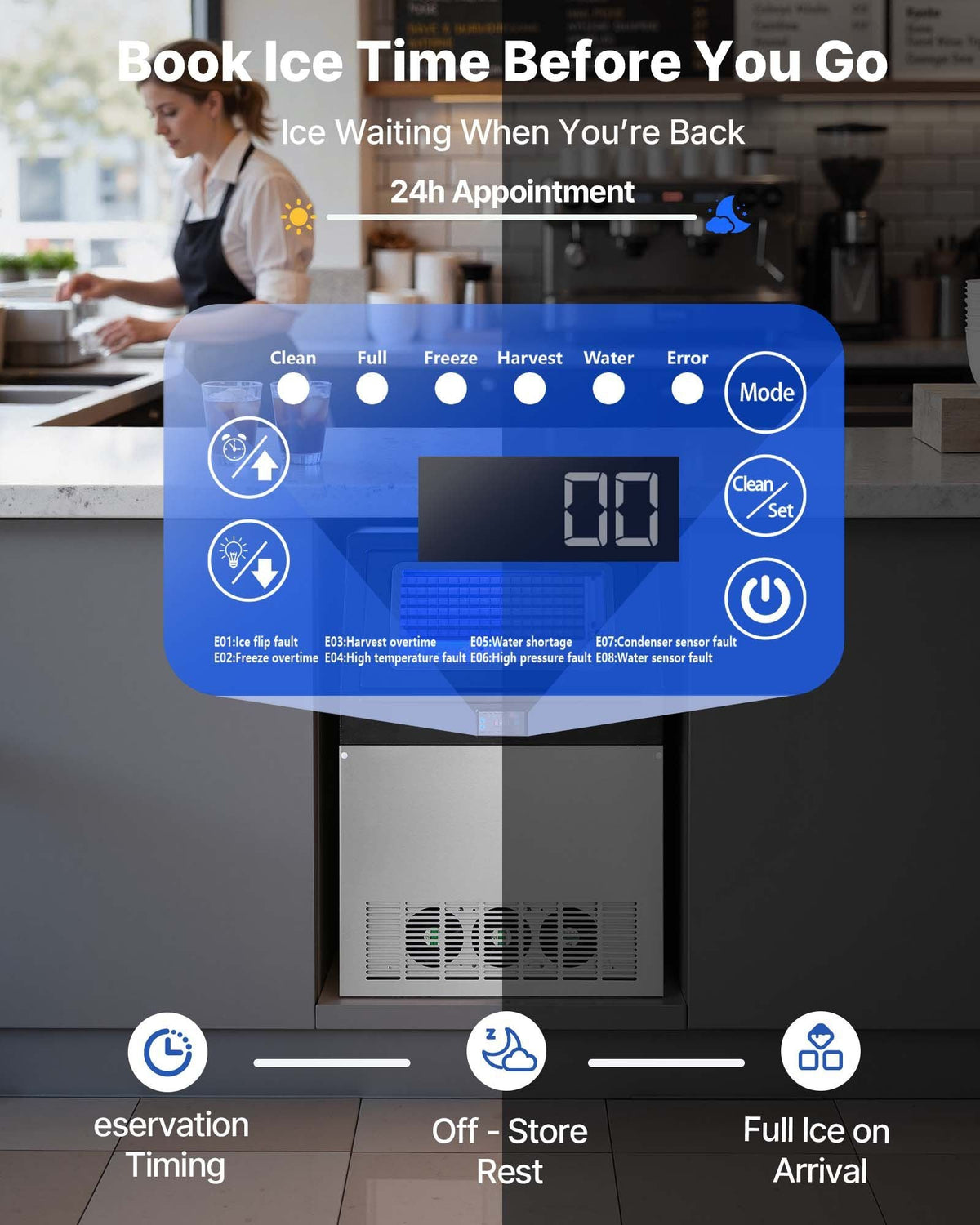 Commercial Ice Maker Machine with Pump, 360 lbs/24h with 85 lbs Storage Capacity, Built-in/Freestanding/Under Counter, Stainless Steel Ice Maker with LED Display & Self-Cleaning, for Home Bar