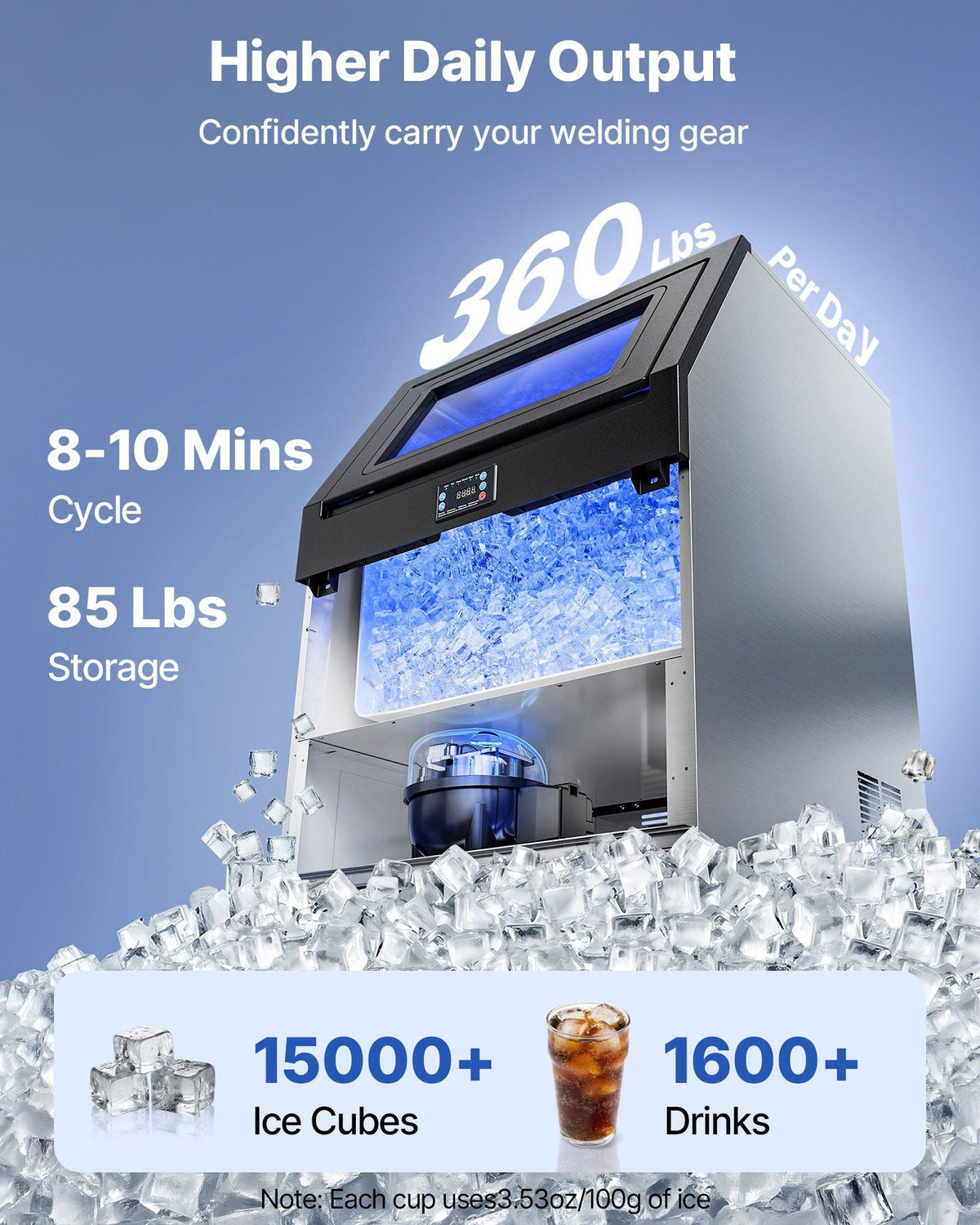 Commercial Ice Maker Machine with Pump, 360 lbs/24h with 85 lbs Storage Capacity, Built-in/Freestanding/Under Counter, Stainless Steel Ice Maker with LED Display & Self-Cleaning, for Home Bar