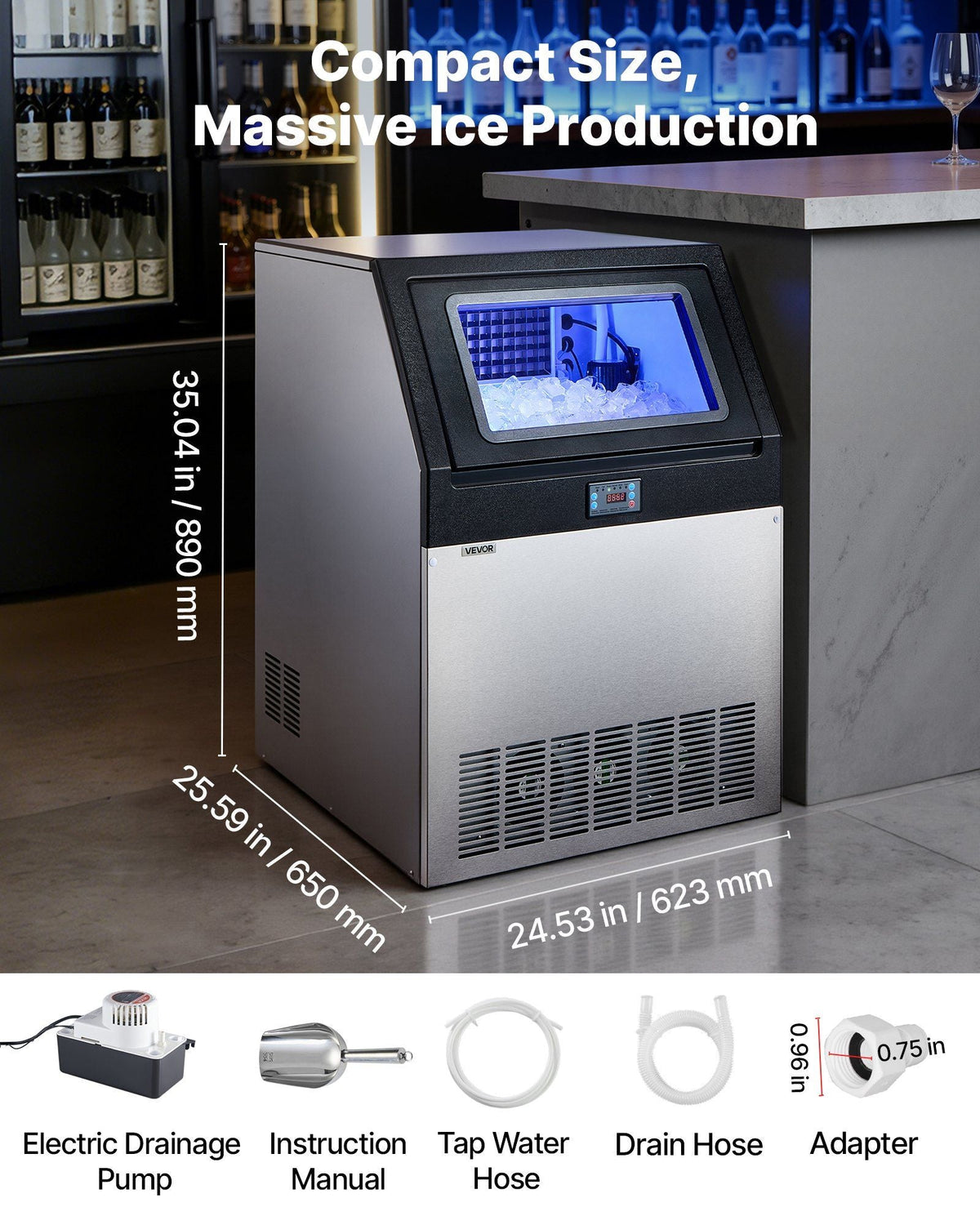 Commercial Ice Maker Machine with Pump, 360 lbs/24h with 85 lbs Storage Capacity, Built-in/Freestanding/Under Counter, Stainless Steel Ice Maker with LED Display & Self-Cleaning, for Home Bar