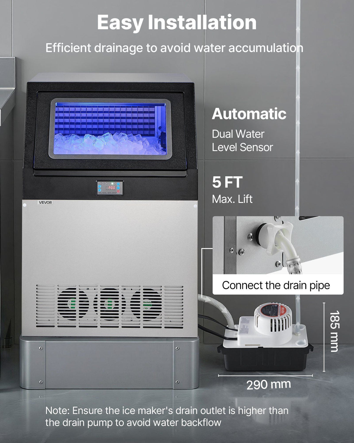 Commercial Ice Maker Machine with Pump, 360 lbs/24h with 85 lbs Storage Capacity, Built-in/Freestanding/Under Counter, Stainless Steel Ice Maker with LED Display & Self-Cleaning, for Home Bar