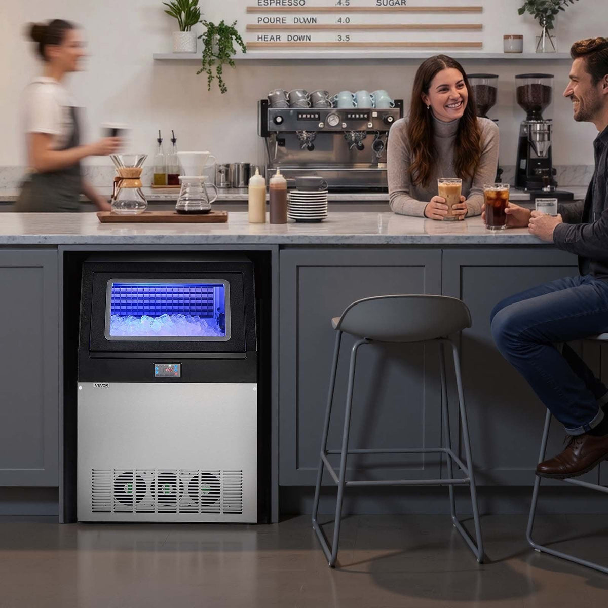 Commercial Ice Maker Machine with Pump, 360 lbs/24h with 85 lbs Storage Capacity, Built-in/Freestanding/Under Counter, Stainless Steel Ice Maker with LED Display & Self-Cleaning, for Home Bar