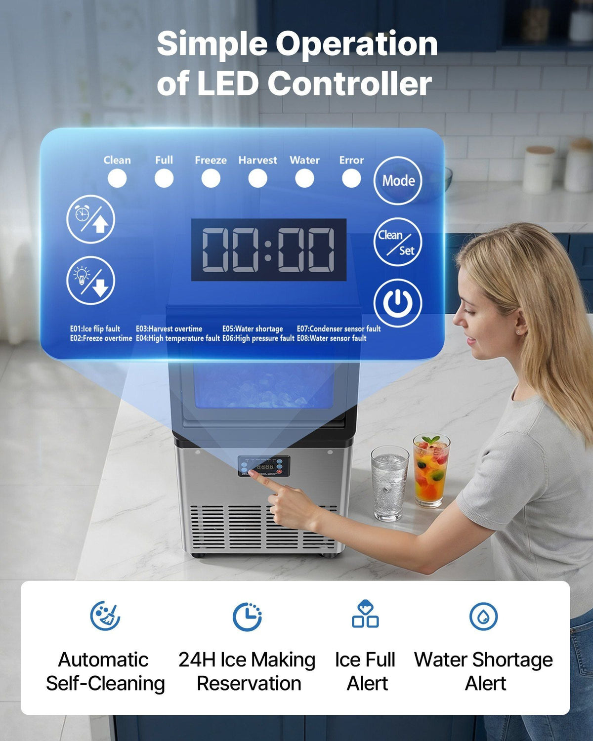 Commercial Ice Maker Machine with Pump, 80 lbs/24h with 13 lbs Storage Capacity, Countertop/Freestanding/Under Counter, Stainless Steel Ice Maker with LED Display & Self-Cleaning, for Home Bar