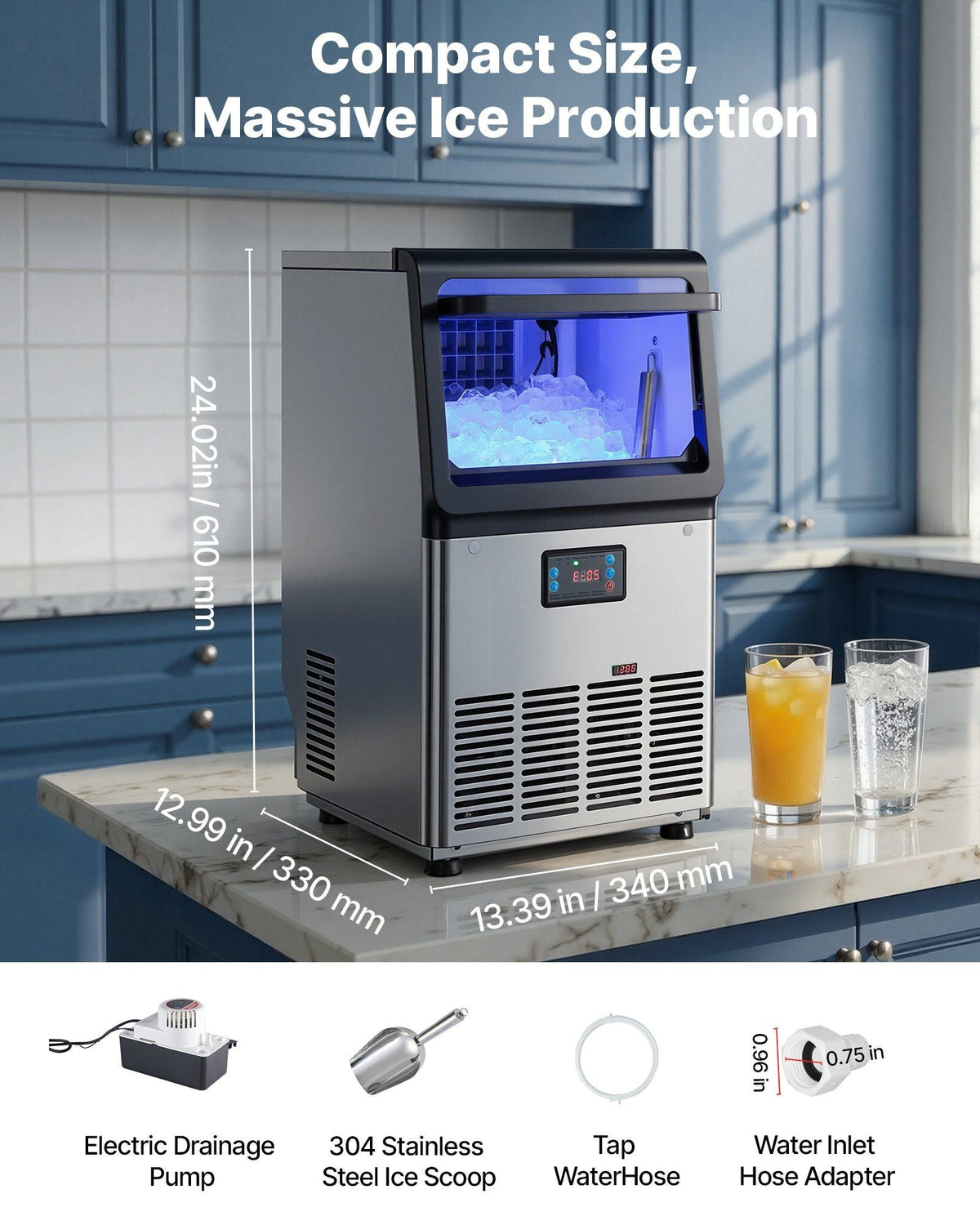 Commercial Ice Maker Machine with Pump, 80 lbs/24h with 13 lbs Storage Capacity, Countertop/Freestanding/Under Counter, Stainless Steel Ice Maker with LED Display & Self-Cleaning, for Home Bar