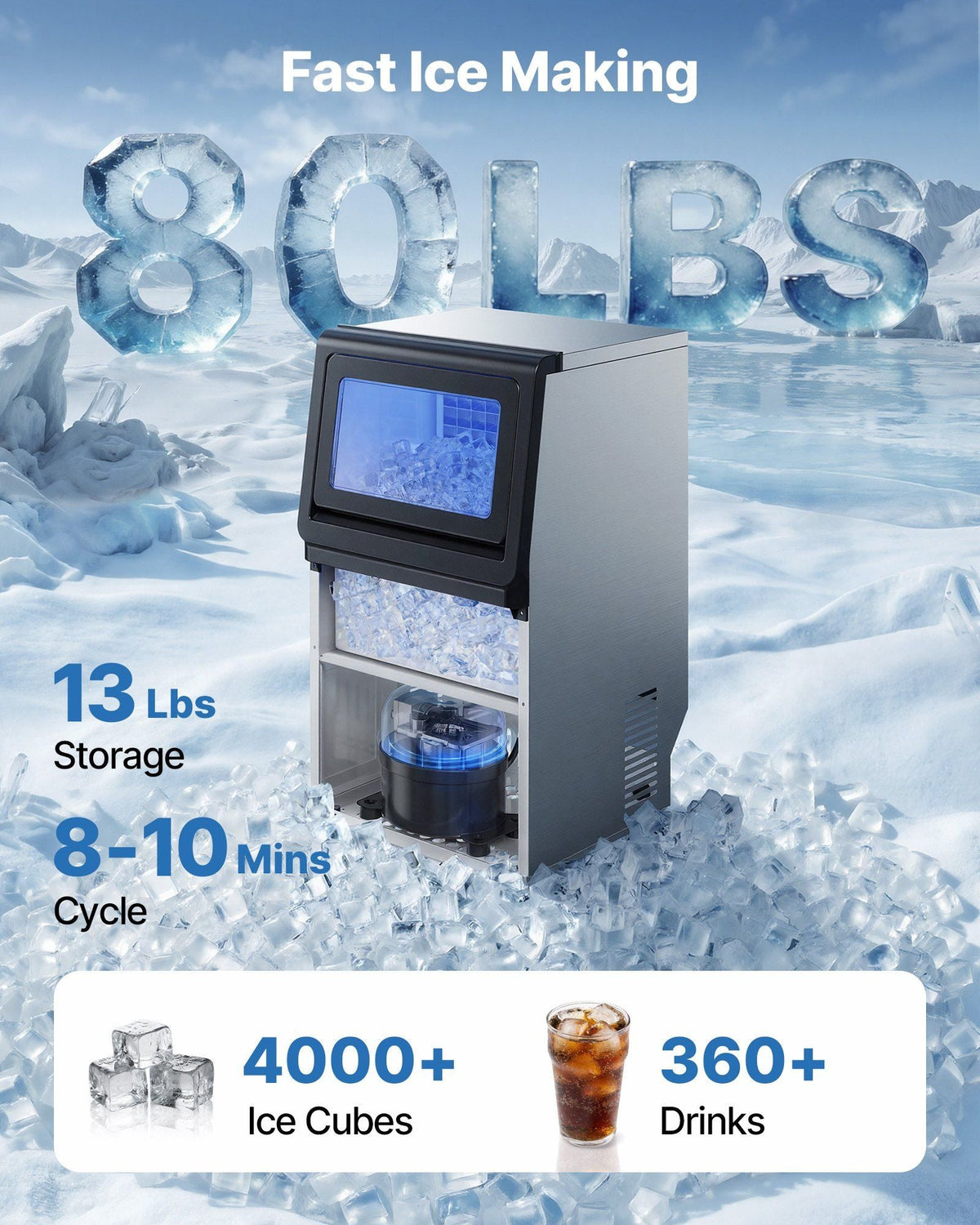 Commercial Ice Maker Machine with Pump, 80 lbs/24h with 13 lbs Storage Capacity, Countertop/Freestanding/Under Counter, Stainless Steel Ice Maker with LED Display & Self-Cleaning, for Home Bar