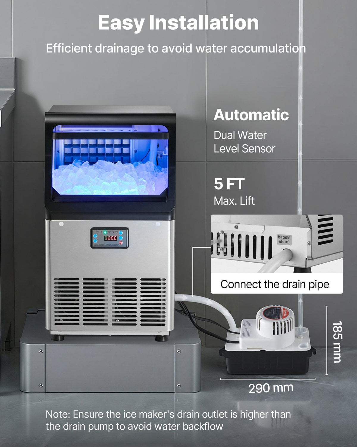 Commercial Ice Maker Machine with Pump, 80 lbs/24h with 13 lbs Storage Capacity, Countertop/Freestanding/Under Counter, Stainless Steel Ice Maker with LED Display & Self-Cleaning, for Home Bar