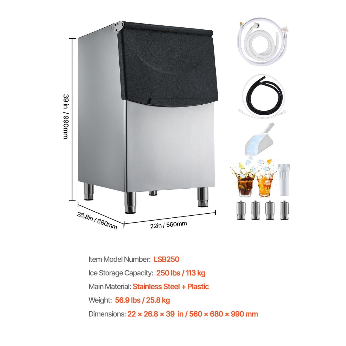 Commercial Ice Maker Storage Bin, 250 LBS Capacity Ice-Bin, Stainless Steel Commercial Ice Storage Bin with Adjustable Anti-slip Rubber Feet, Suitable for Restaurant Hotel and Beverage Shops