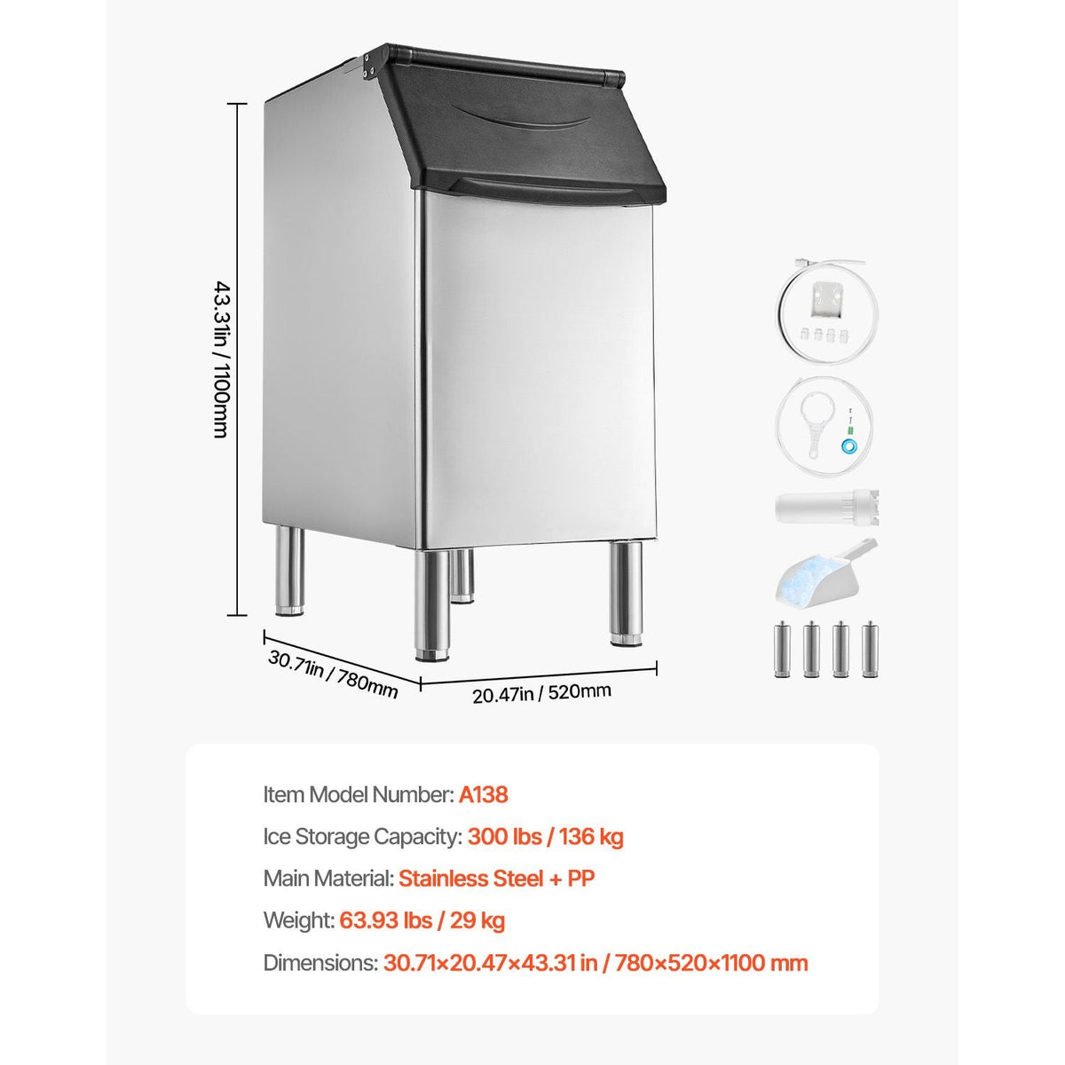 Commercial Ice Maker Storage Bin, 300 LBS Capacity Ice-Bin, Stainless Steel Commercial Ice Storage Bin with Adjustable Anti-slip Rubber Feet, Suitable for Restaurant Hotel and Beverage Shops