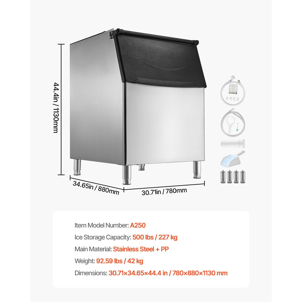 Commercial Ice Maker Storage Bin, 500 LBS Capacity Ice-Bin, Stainless Steel Commercial Ice Storage Bin with Adjustable Anti-slip Rubber Feet, Suitable for Restaurant Hotel and Beverage Shops