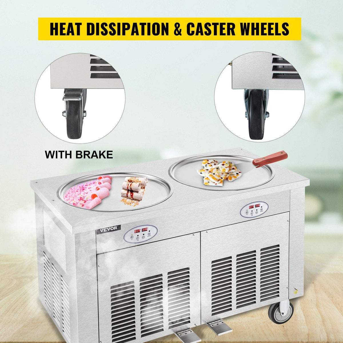 Commercial Ice Roll Maker, Two 17.7" Round Pans Stir-Fried Ice Roll Machine, 1800W Stainless Steel Ice Cream Roll Machine for Yogurt Cream Machine for Bars Cafés Dessert Shops