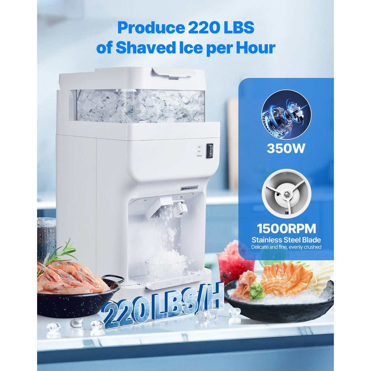 Commercial Ice Shaver Crusher, 220lbs Per Hour Electric Snow Cone Maker with 8L Ice Cube Box, 350W 1500RPM Tabletop Shaved Ice Machine for Parties Events Bar, Home and Commercial Use (White)