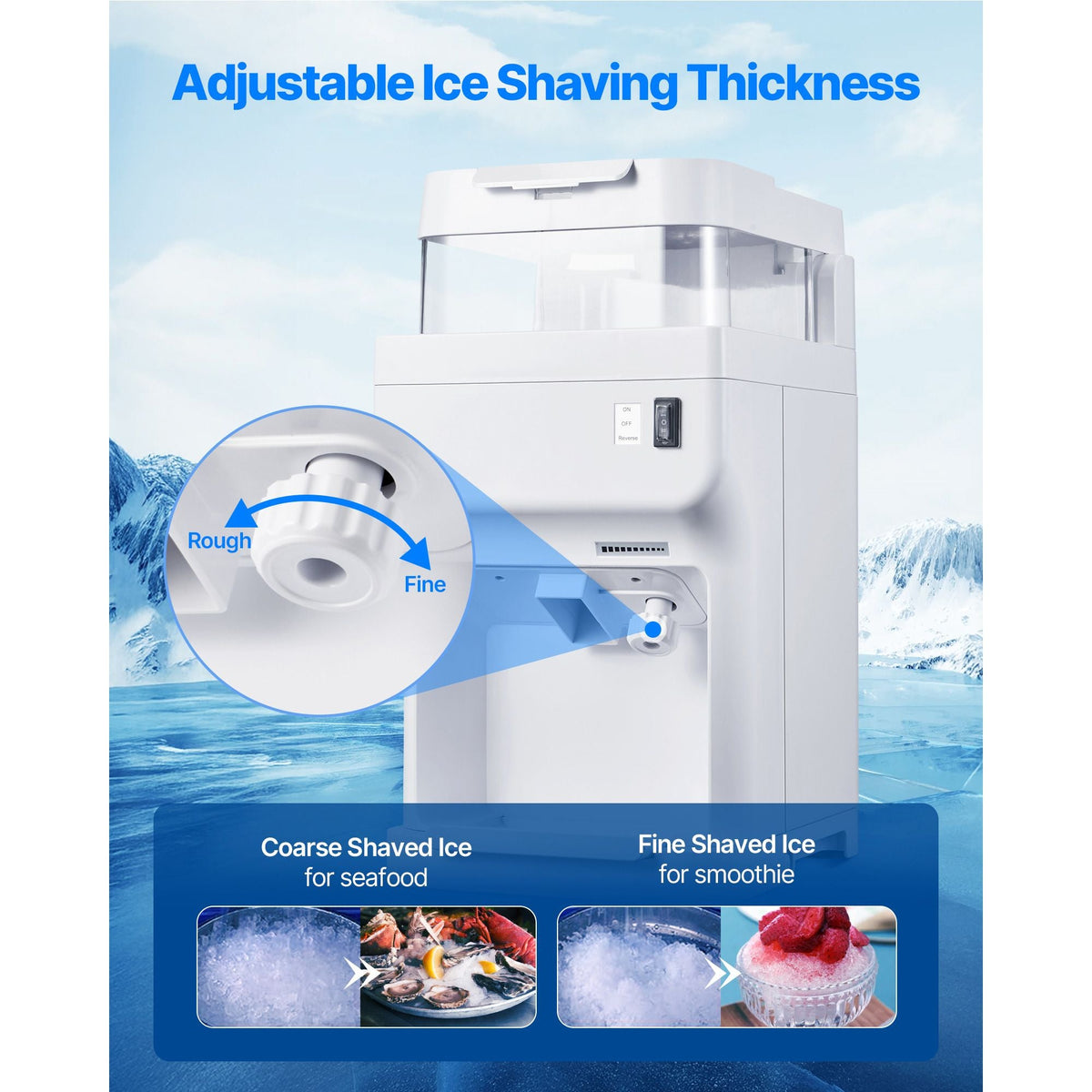 Commercial Ice Shaver Crusher, 220lbs Per Hour Electric Snow Cone Maker with 8L Ice Cube Box, 350W 1500RPM Tabletop Shaved Ice Machine for Parties Events Bar, Home and Commercial Use (White)