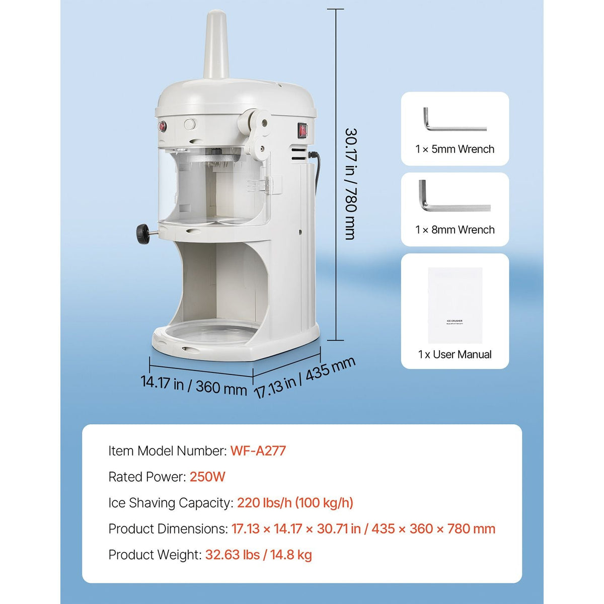 Commercial Ice Shaver Crusher, 220lbs/hr Electric Fluffy Ice & Snow Cone Machine, 250W 1500RPM Tabletop Fluffy Shaved-Ice Machine for Parties Events Snack Bar, Home and Commercial Use (White)
