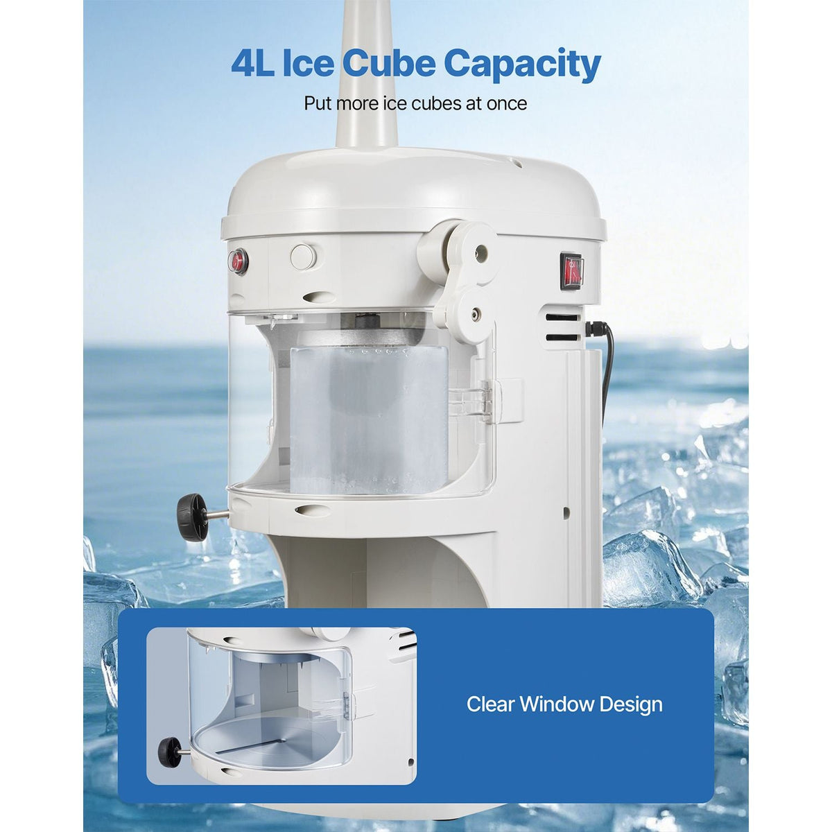Commercial Ice Shaver Crusher, 220lbs/hr Electric Fluffy Ice & Snow Cone Machine, 250W 1500RPM Tabletop Fluffy Shaved-Ice Machine for Parties Events Snack Bar, Home and Commercial Use (White)