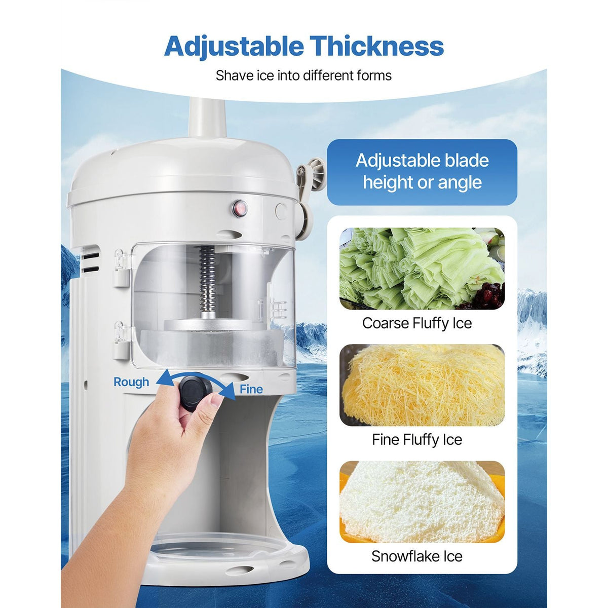 Commercial Ice Shaver Crusher, 220lbs/hr Electric Fluffy Ice & Snow Cone Machine, 250W 1500RPM Tabletop Fluffy Shaved-Ice Machine for Parties Events Snack Bar, Home and Commercial Use (White)
