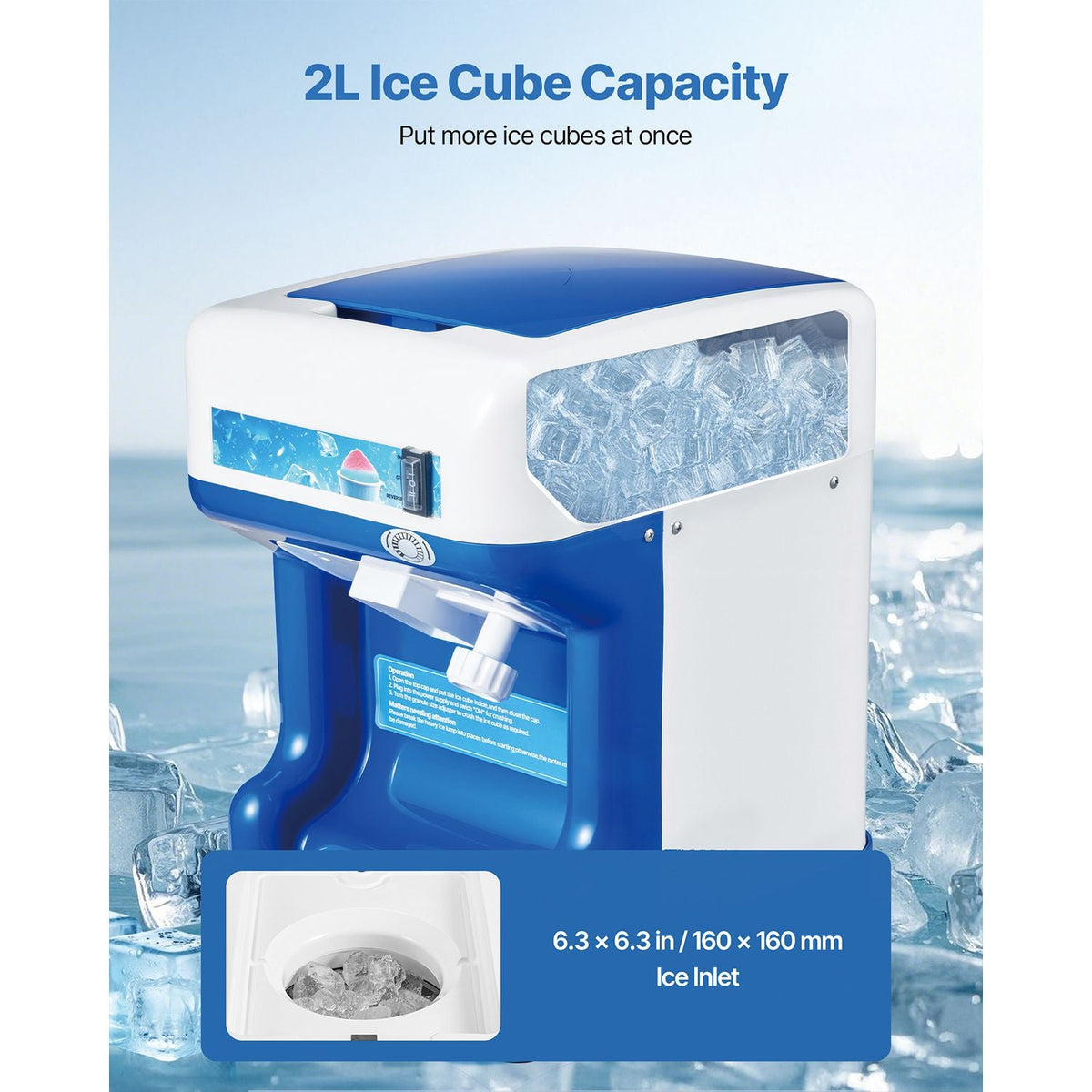 Commercial Ice Shaver Crusher, 286lbs Per Hour Electric Snow Cone Maker with 2L Ice Cube Box, 250W 1500RPM Tabletop Shaved Ice Machine for Parties Home and Commercial Use (Blue)