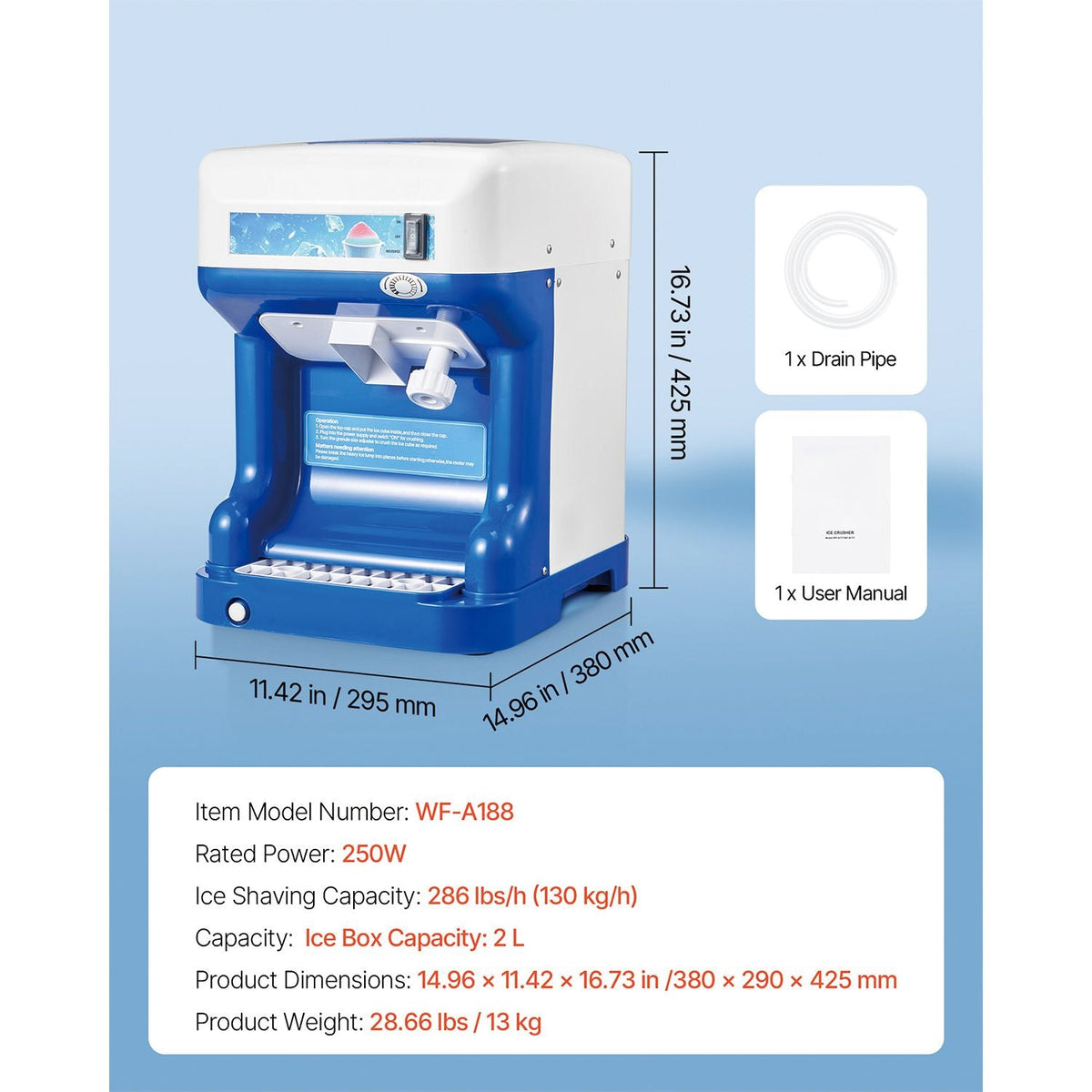 Commercial Ice Shaver Crusher, 286lbs Per Hour Electric Snow Cone Maker with 2L Ice Cube Box, 250W 1500RPM Tabletop Shaved Ice Machine for Parties Home and Commercial Use (Blue)