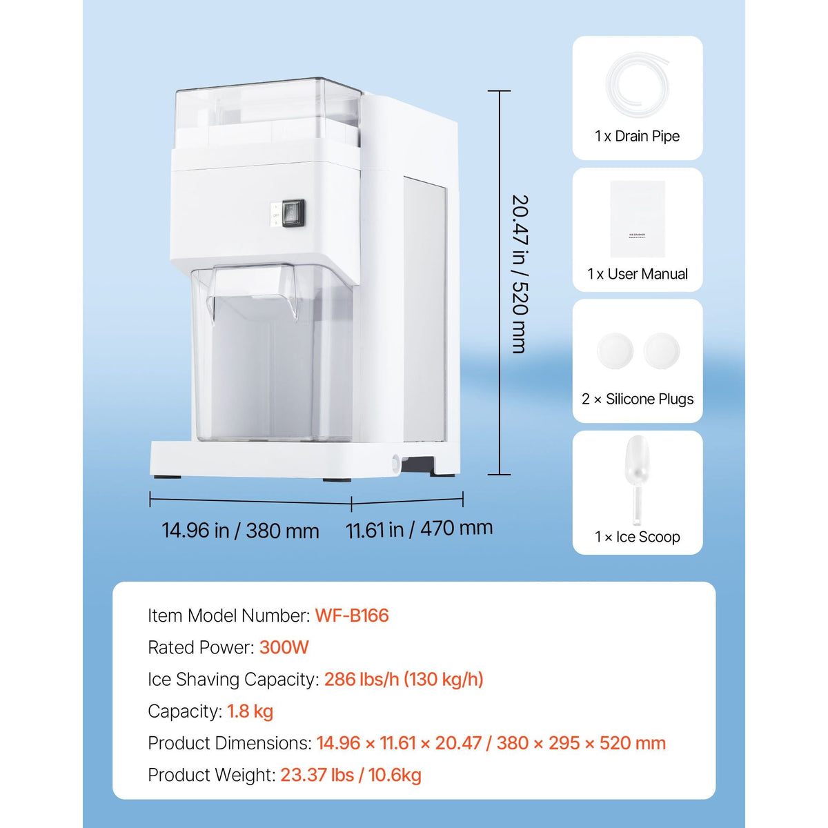 Commercial Ice Shaver Machine, 1.91QT /1.8L Large Electric Ice Cube Crusher Shaved Maker with 300W Premium Motor, Stainless Steel Blades, for Bar Mixing Seafood Preservation Home Party, White