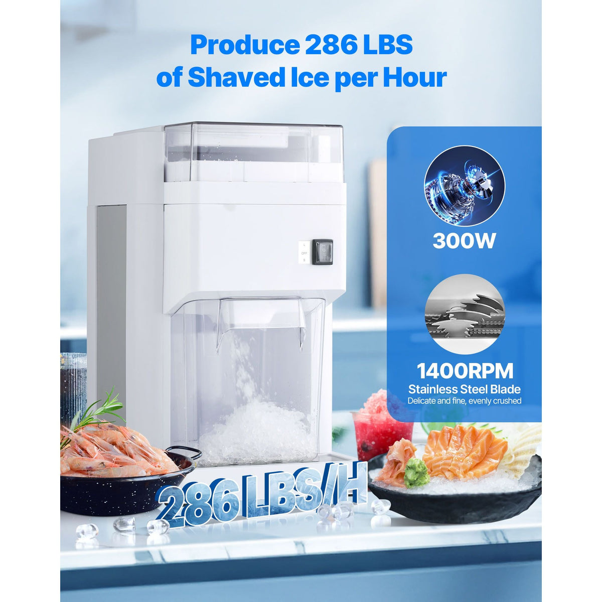 Commercial Ice Shaver Machine, 1.91QT /1.8L Large Electric Ice Cube Crusher Shaved Maker with 300W Premium Motor, Stainless Steel Blades, for Bar Mixing Seafood Preservation Home Party, White