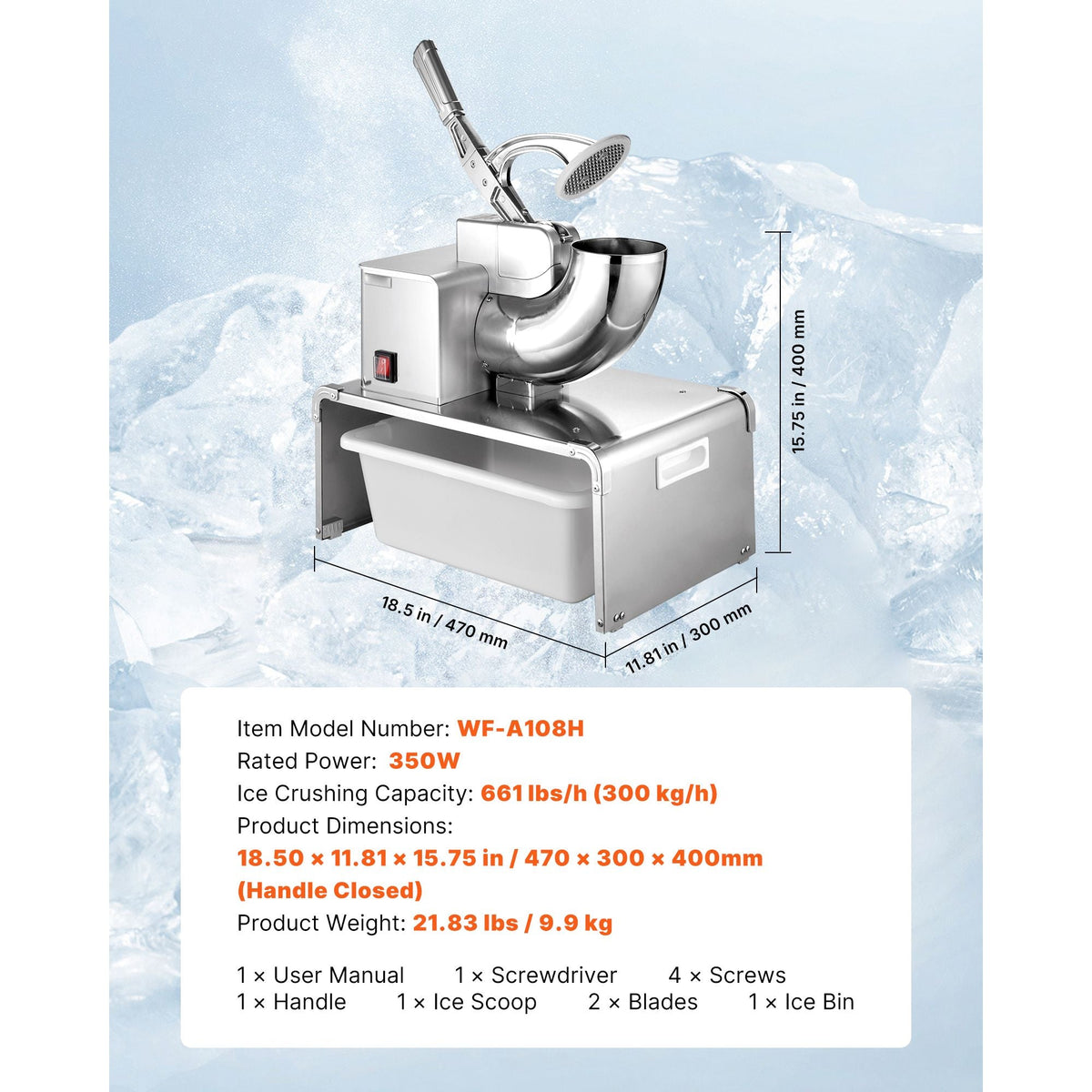 Commercial Ice Shaver Machine, 661 LBS/H Electric Ice Crusher with Replaceable Container, 350W Premium Motor, 4 Blades, Shaved Snow Cone Machine Ice Maker for Dessert Shop Bar Party, Silver