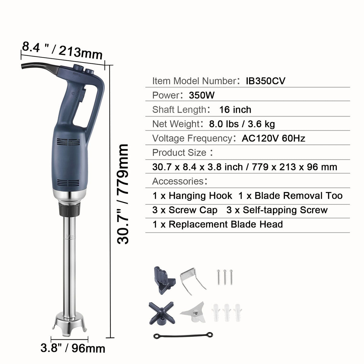Commercial Immersion Blender, 350W Heavy Duty Hand Mixer, 16 inch Stepless Variable Speed Mixer with Stainless Steel Blade, Multi-Purpose Portable Mixer for Soup, Sauces, Mashed Potatoes, Cream