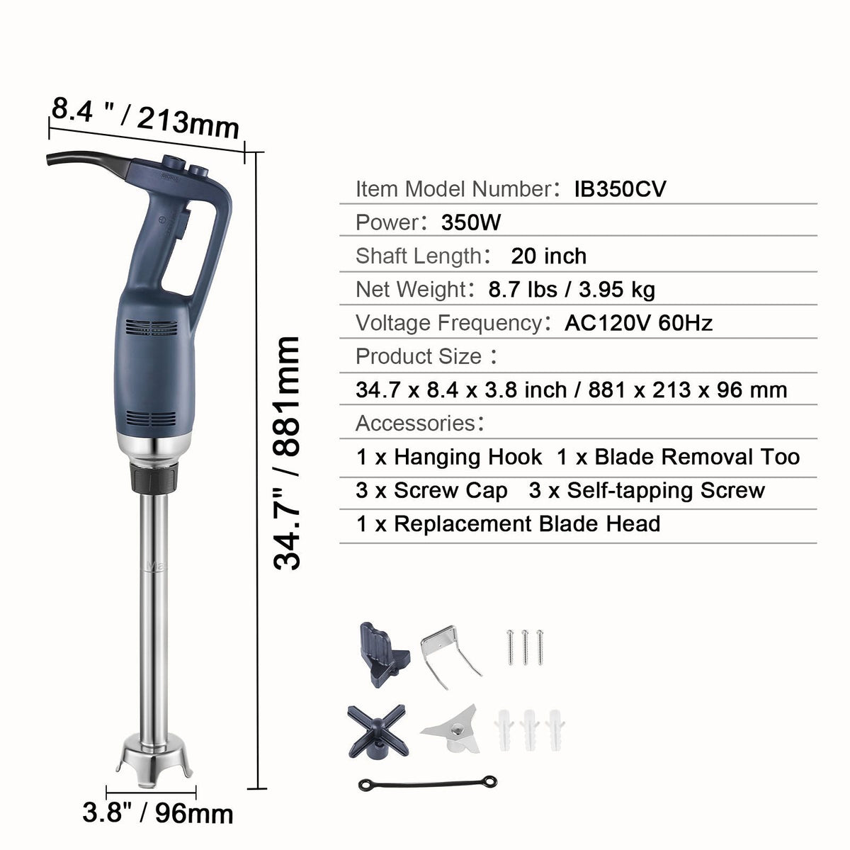 Commercial Immersion Blender, 350W Heavy Duty Hand Mixer, 20 inch Stepless Variable Speed Mixer with Stainless Steel Blade, Multi-Purpose Portable Mixer for Soup, Sauces, Mashed Potatoes, Cream