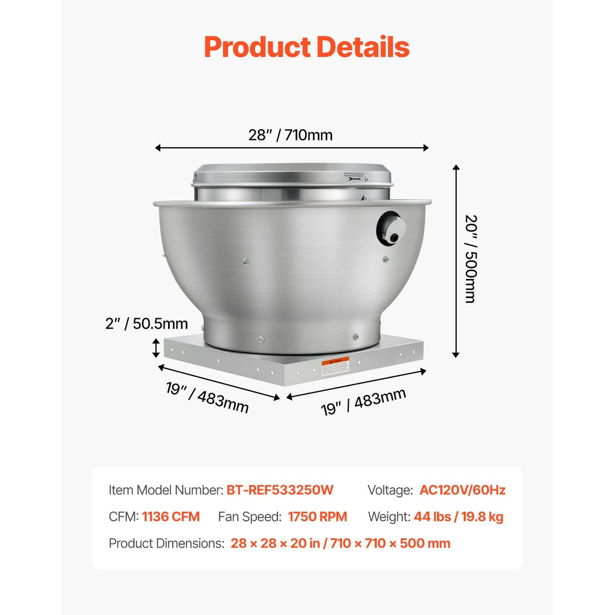 Commercial Kitchen Exhaust Fan, 1136 CFM Restaurant Canopy Hood Exhaust Fan, 0.33HP 250W Direct Drive Food Truck Hood Vent, High Speed & Low Noise, for Warehouse, Agriculture