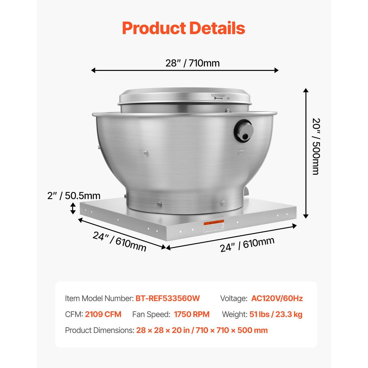 Commercial Kitchen Exhaust Fan, 2109 CFM Restaurant Canopy Hood Exhaust Fan, 0.75HP 560W Direct Drive Food Truck Hood Vent, High Speed & Low Noise, for Warehouse, Agriculture