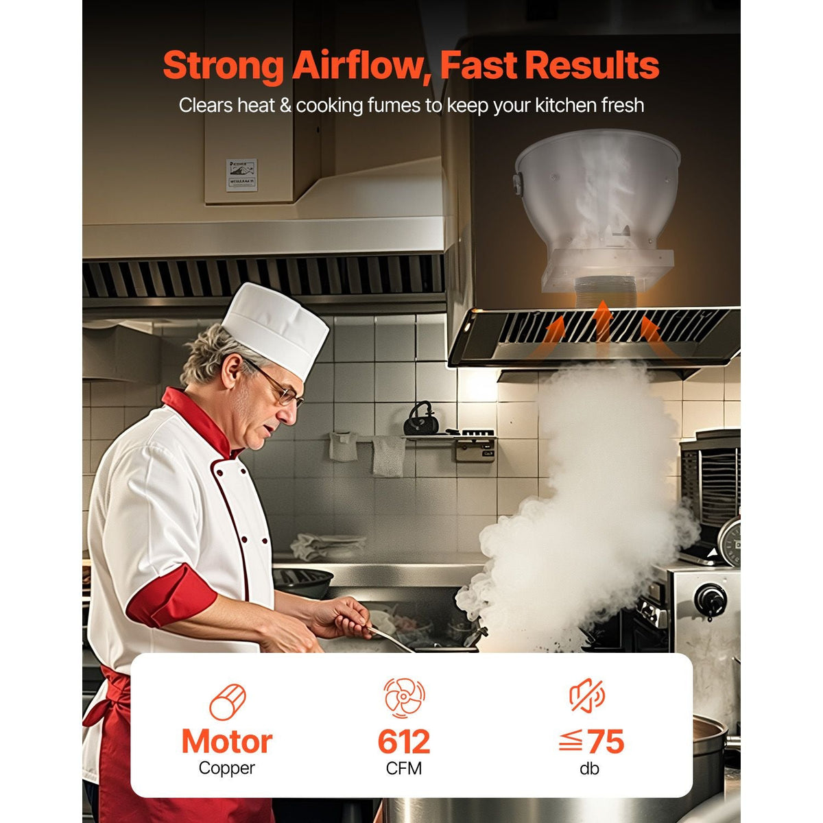 Commercial Kitchen Exhaust Fan, 612 CFM Restaurant Canopy Hood Exhaust Fan, 0.25HP 180W Direct Drive Food Truck Hood Vent, High Speed & Low Noise, for Warehouse, Agriculture