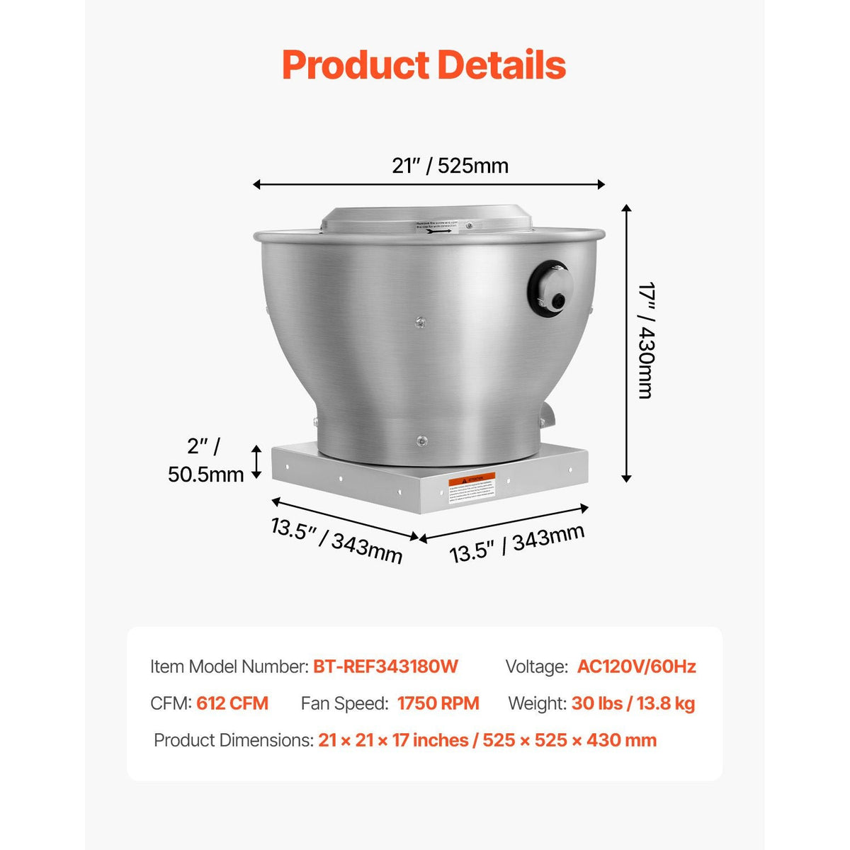 Commercial Kitchen Exhaust Fan, 612 CFM Restaurant Canopy Hood Exhaust Fan, 0.25HP 180W Direct Drive Food Truck Hood Vent, High Speed & Low Noise, for Warehouse, Agriculture