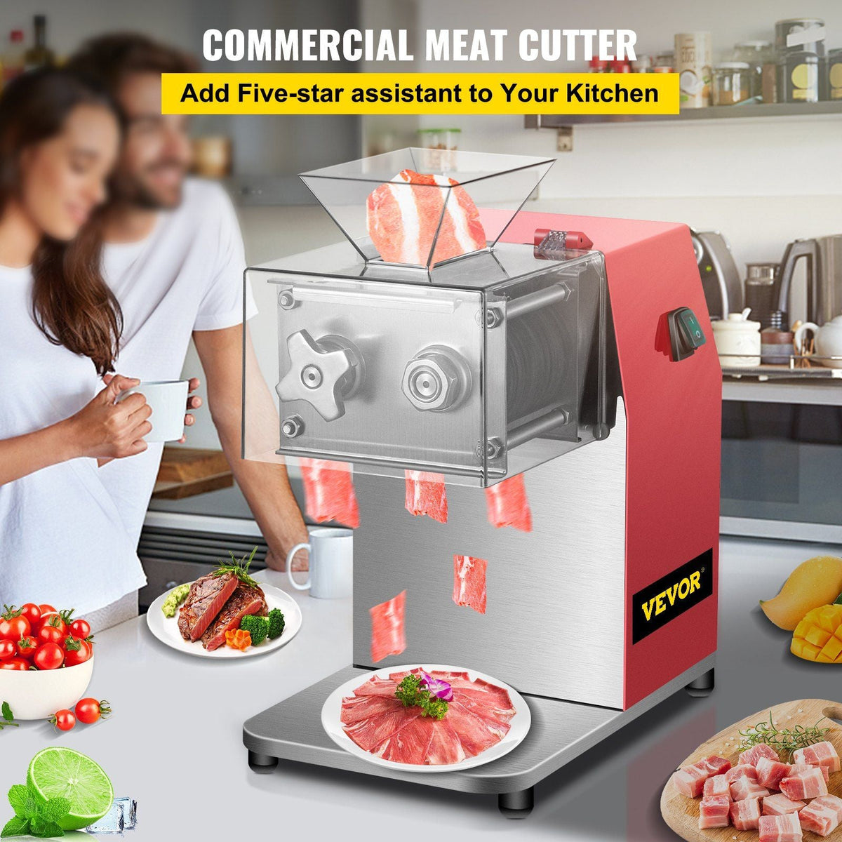 Commercial Meat Cutting Machine, 551 Lbs/H 850W Meat Shredding Machine, 3.5mm Blade Electric Meat Cutter, Stainless Steel Restaurant Food Cutter, for Kitchen Supermarket Lamb Beef Chicken, Red
