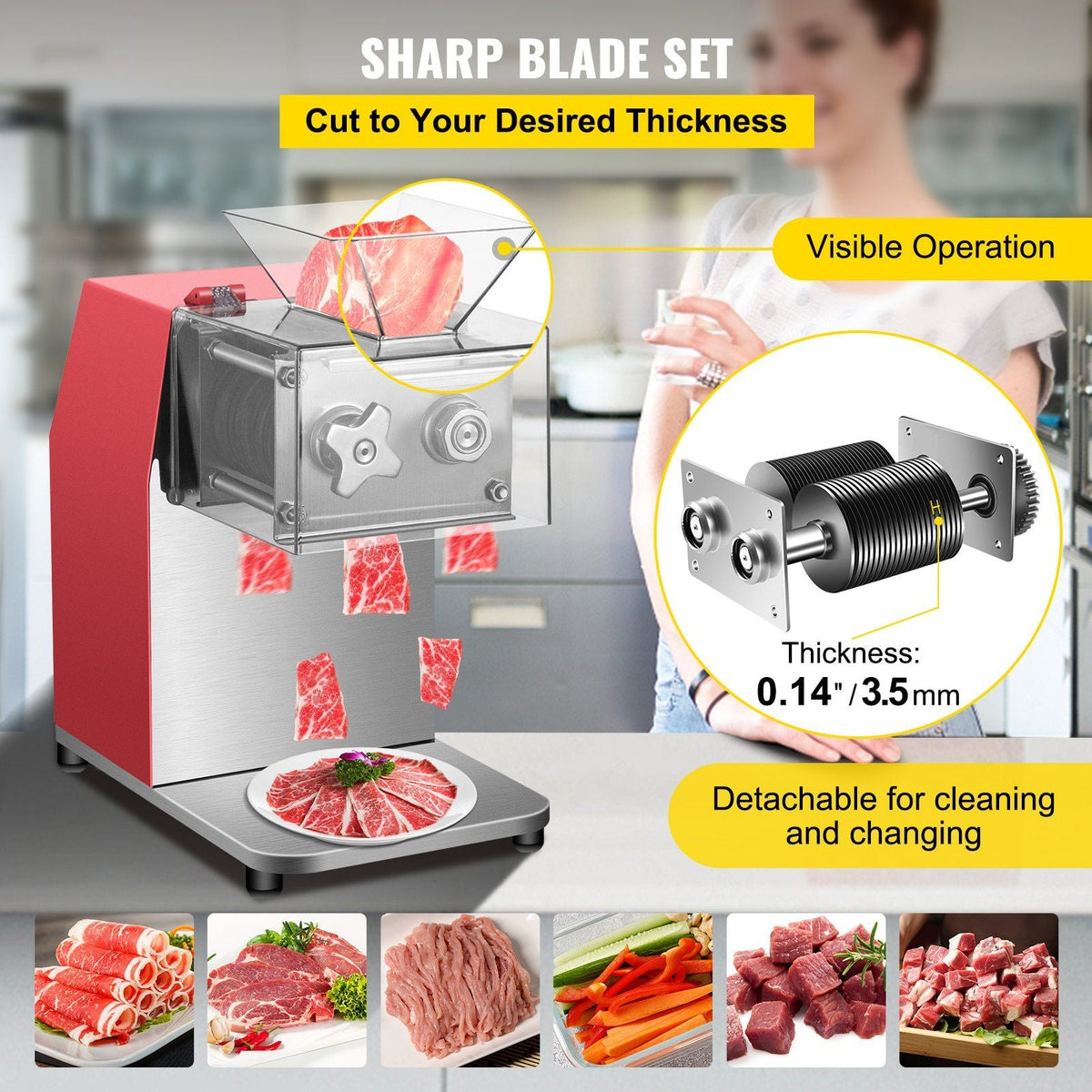 Commercial Meat Cutting Machine, 551 Lbs/H 850W Meat Shredding Machine, 3.5mm Blade Electric Meat Cutter, Stainless Steel Restaurant Food Cutter, for Kitchen Supermarket Lamb Beef Chicken, Red