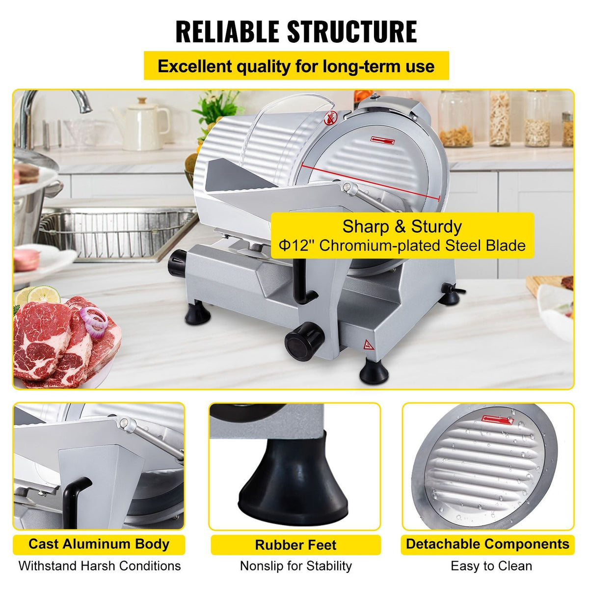 Commercial Meat Slicer, 320W Electric Deli Food Slicer, 12 inch Carbon Steel Blade Electric Food Slicer, 350-400RPM Meat Slicer, 0-0.6 inch Adjustable Thickness for Meat, Cheese, Veggies, Ham