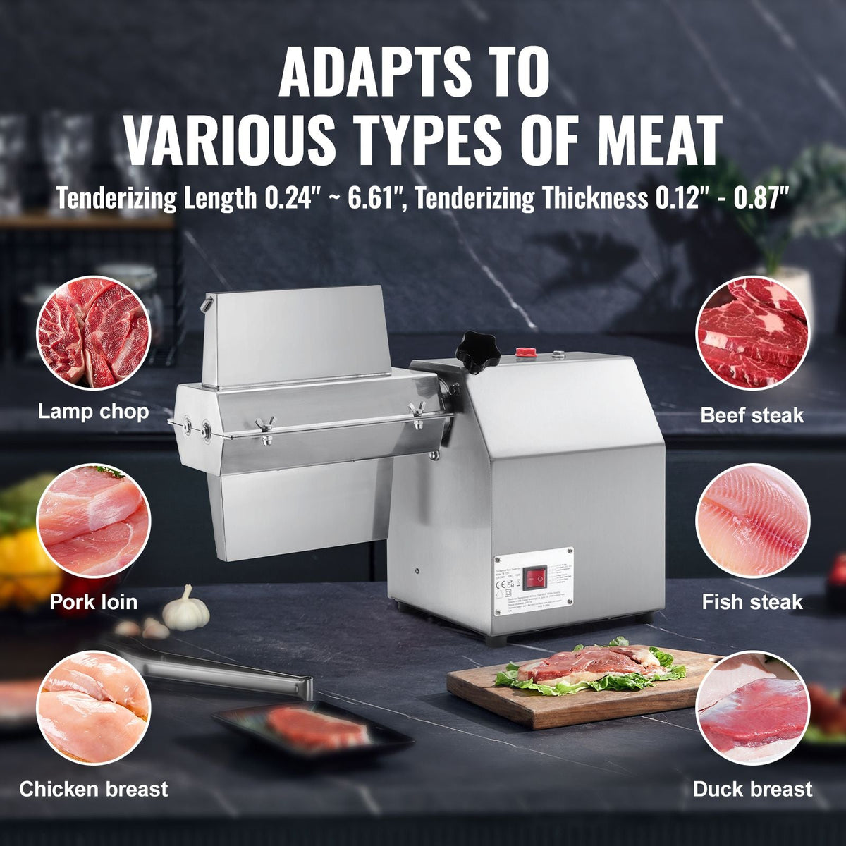 Commercial Meat Tenderizer, Heavy Duty 304 Stainless Steel Kitchen Tool with Meat Tong, Cleaning Brush, and Tray, 750W Electric Meat Tenderizer Machine for Beef, Turkey, Chicken, Pork, and Fish