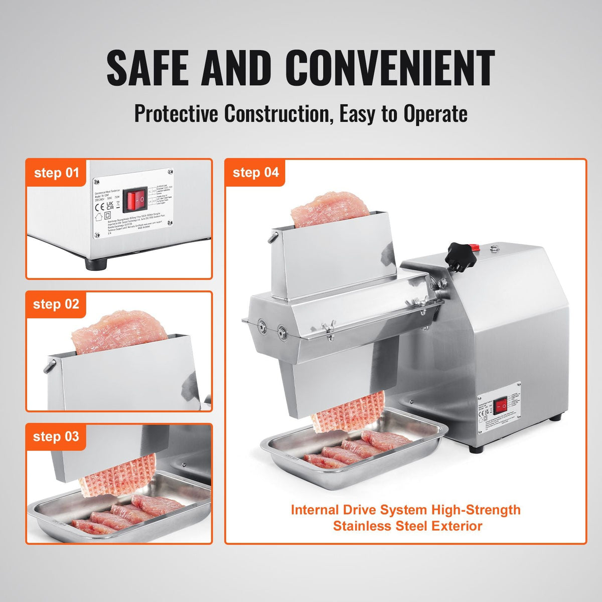 Commercial Meat Tenderizer, Heavy Duty 304 Stainless Steel Kitchen Tool with Meat Tong, Cleaning Brush, and Tray, 750W Electric Meat Tenderizer Machine for Beef, Turkey, Chicken, Pork, and Fish