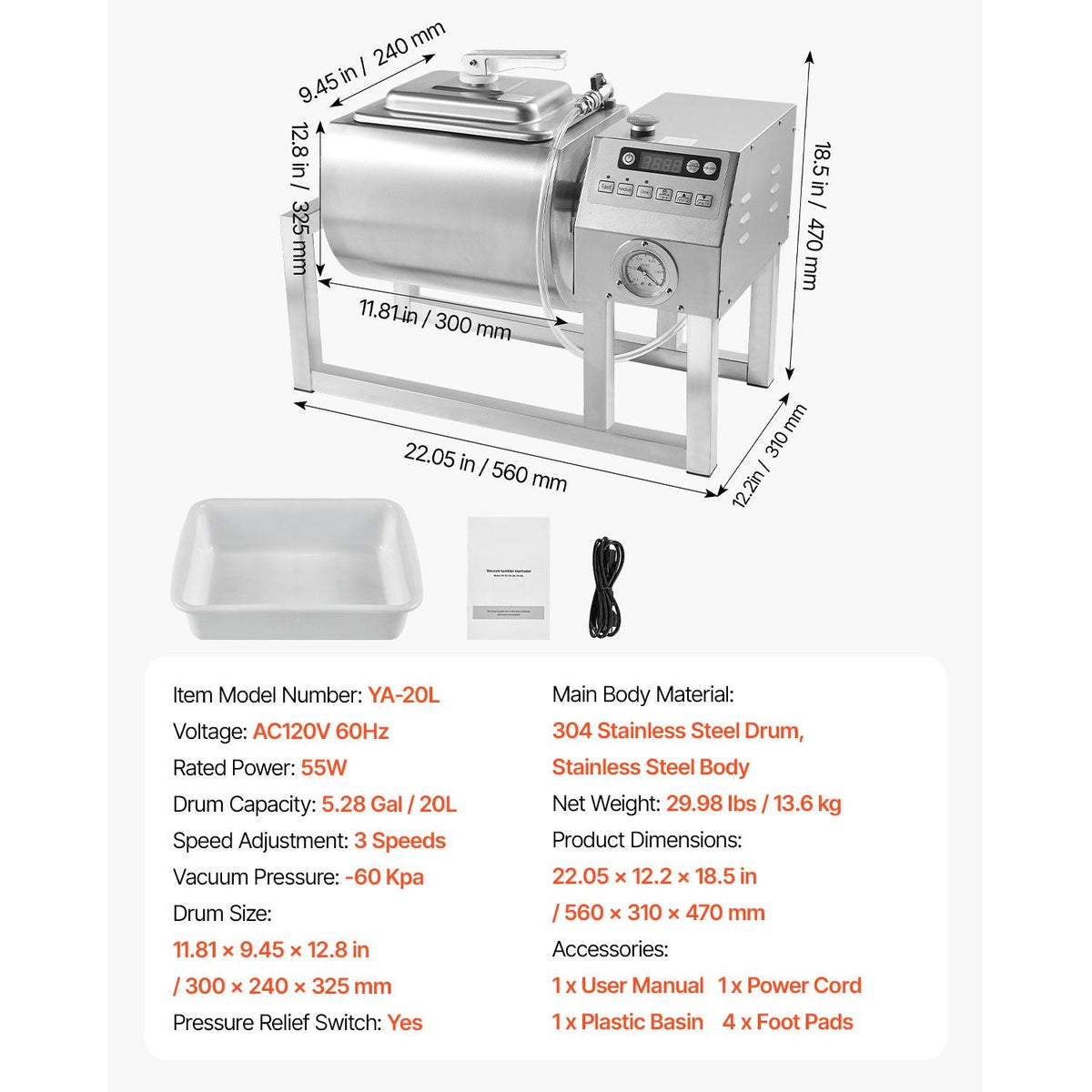 Commercial Meat Tumbler Marinator, 20L Vacuum Tumbler Marinating Machine with Bidirectional Rotation and 3-Speed, Stainless Steel Vacuum Curing Machine for Chicken Steak Pork, Restaurant