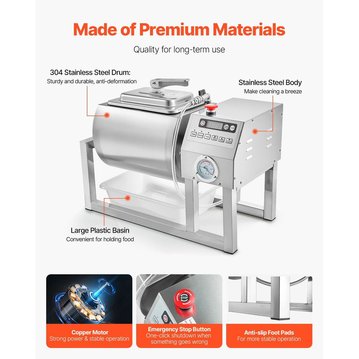 Commercial Meat Tumbler Marinator, 20L Vacuum Tumbler Marinating Machine with Bidirectional Rotation and 3-Speed, Stainless Steel Vacuum Curing Machine for Chicken Steak Pork, Restaurant