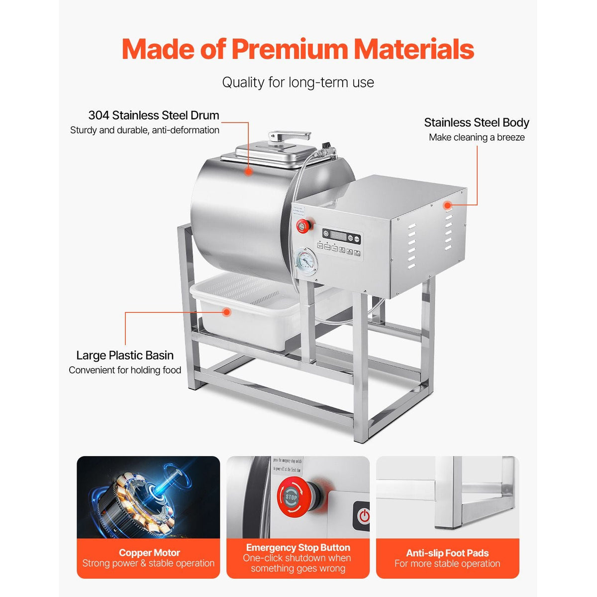 Commercial Meat Tumbler Marinator, 40L Vacuum Tumbler Marinating Machine with Bidirectional Rotation and 3-Speed, Stainless Steel Vacuum Curing Machine for Chicken Pork Fish, Steak House