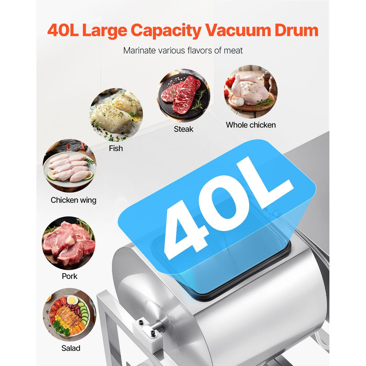 Commercial Meat Tumbler Marinator, 40L Vacuum Tumbler Marinating Machine with Bidirectional Rotation and 3-Speed, Stainless Steel Vacuum Curing Machine for Chicken Pork Fish, Steak House