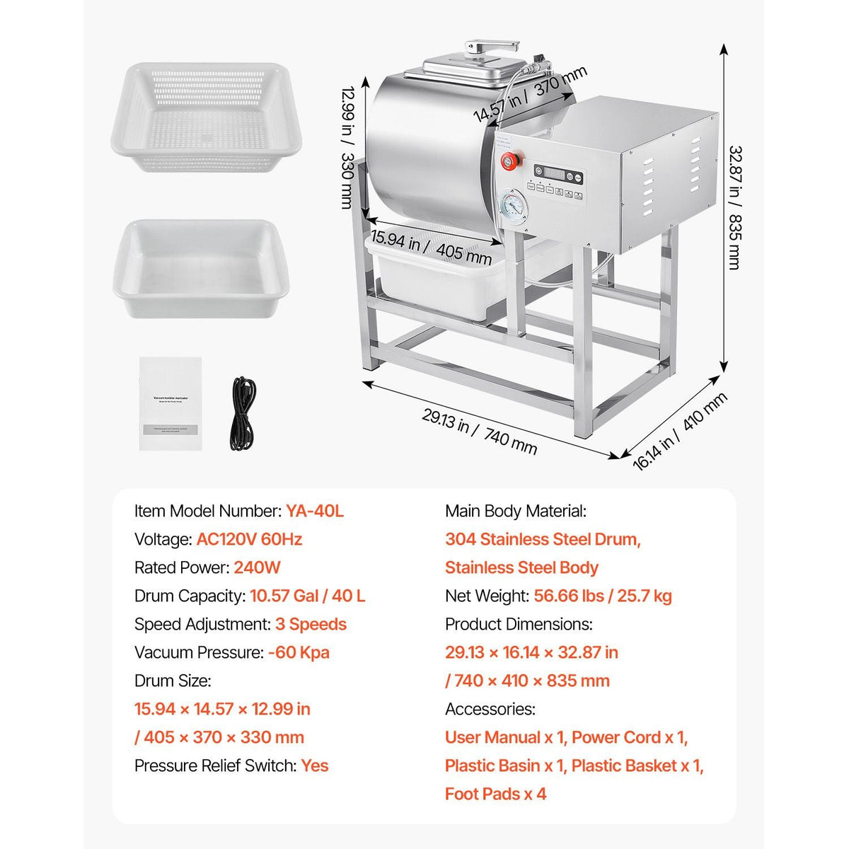 Commercial Meat Tumbler Marinator, 40L Vacuum Tumbler Marinating Machine with Bidirectional Rotation and 3-Speed, Stainless Steel Vacuum Curing Machine for Chicken Pork Fish, Steak House