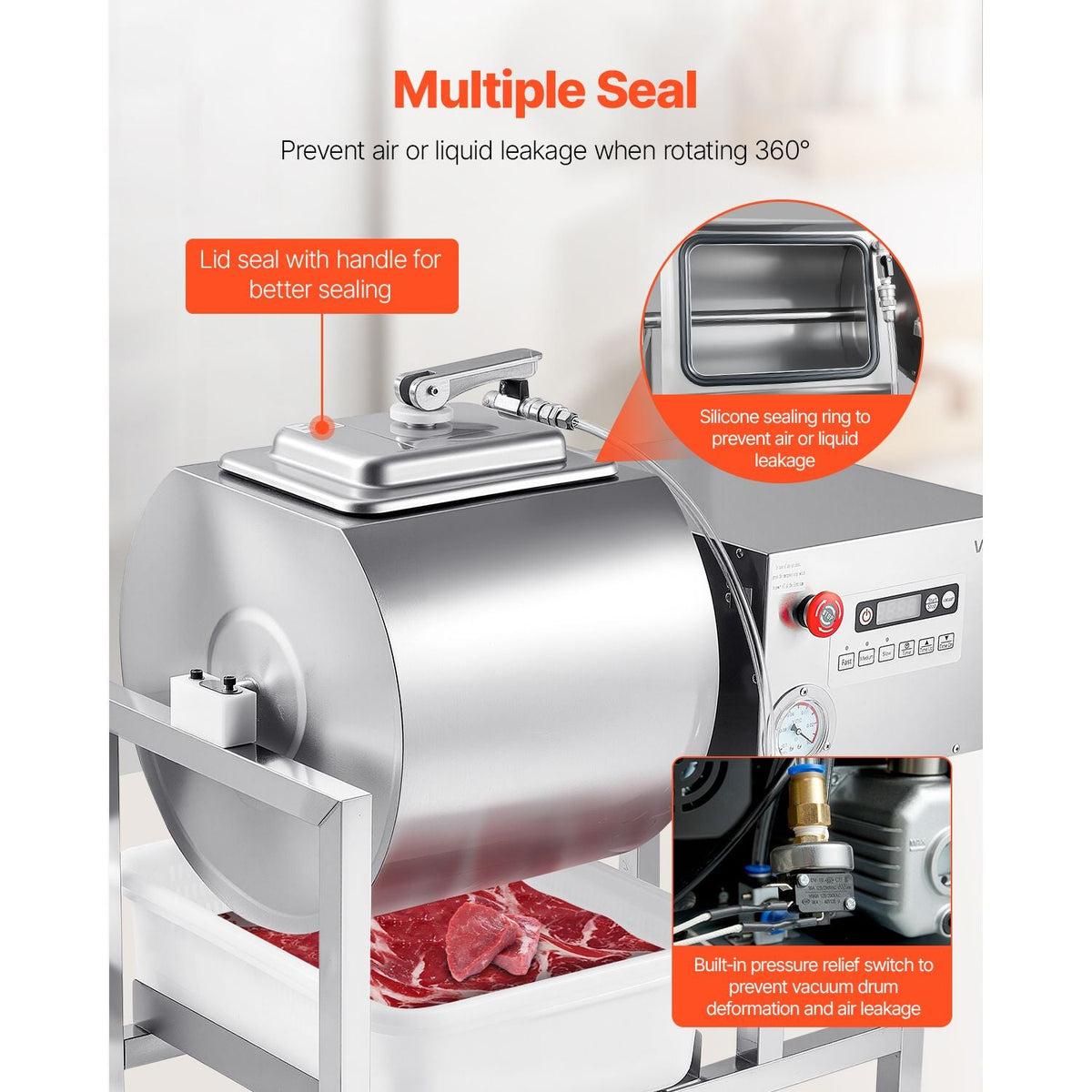 Commercial Meat Tumbler Marinator, 40L Vacuum Tumbler Marinating Machine with Bidirectional Rotation and 3-Speed, Stainless Steel Vacuum Curing Machine for Chicken Pork Fish, Steak House