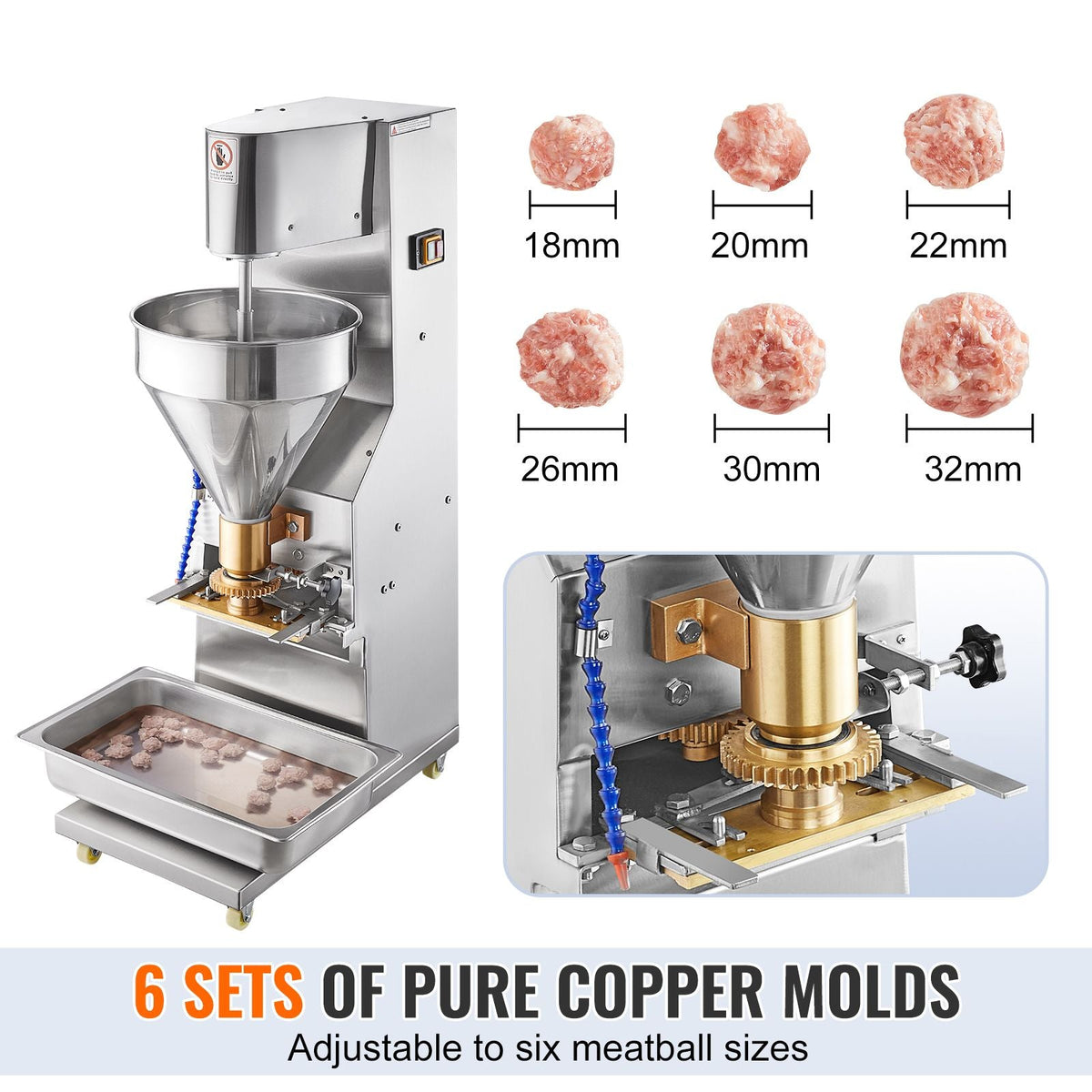 Commercial Meatball Forming Machine, 280 PCs/min Automatic Meatball Maker, 1100W Electric Fish Beef Pork Shrimp Ball Making Tool, Stainless Steel Meatball Former with 18/20/22/26/30/32 mm Models