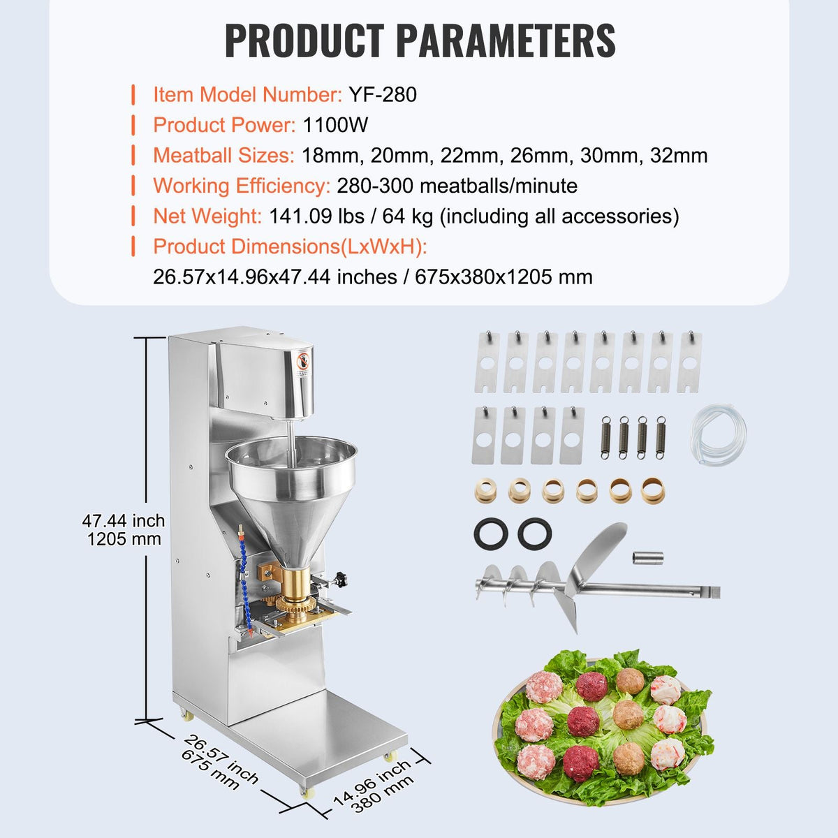 Commercial Meatball Forming Machine, 280 PCs/min Automatic Meatball Maker, 1100W Electric Fish Beef Pork Shrimp Ball Making Tool, Stainless Steel Meatball Former with 18/20/22/26/30/32 mm Models