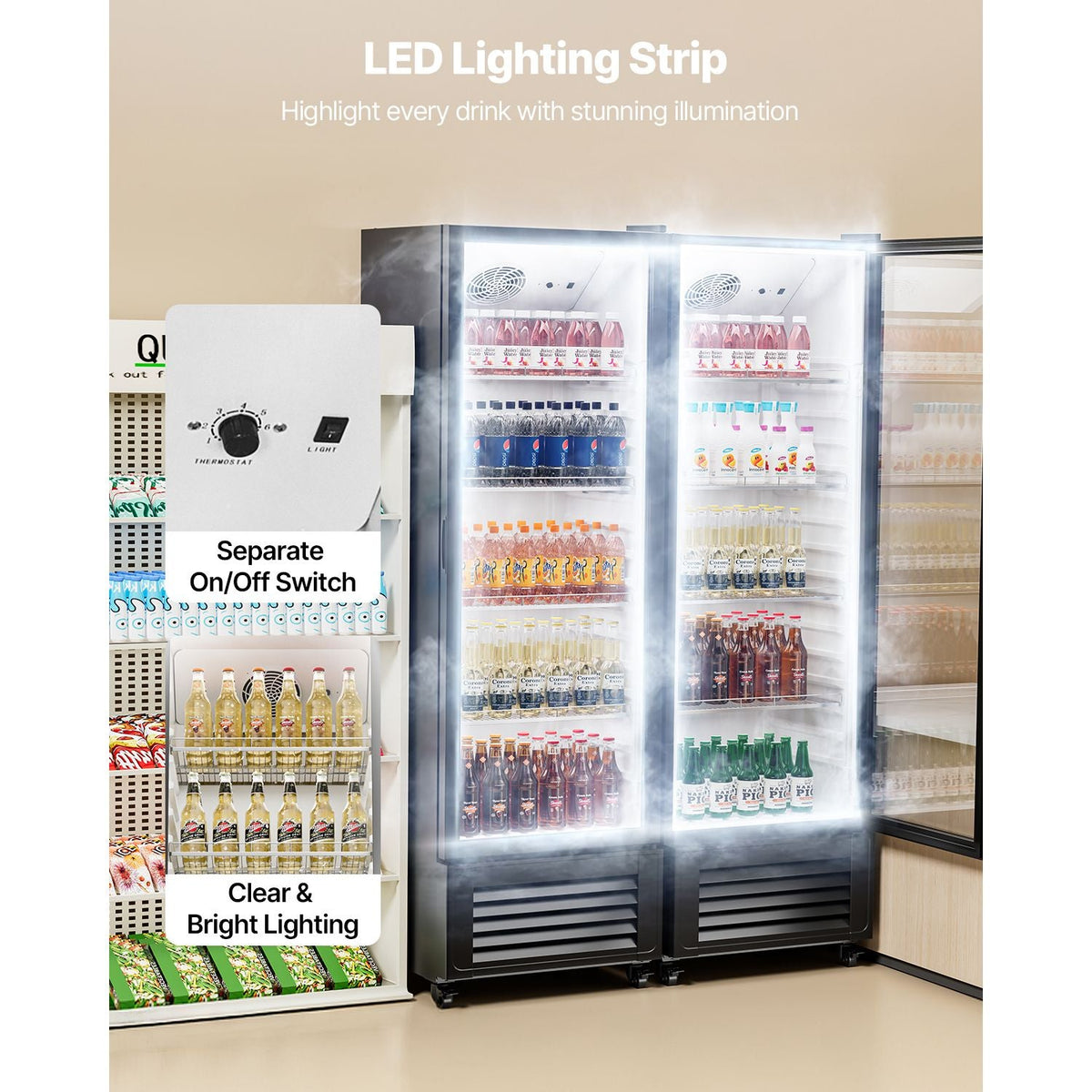 Commercial Merchandiser Refrigerator, 11.47 CU.FT Glass Door Display Refrigerator, Upright Beverage Refrigerator Cooler Merchandiser with 4 Adjustable Shelves, Casters, Soft LED Light, Black